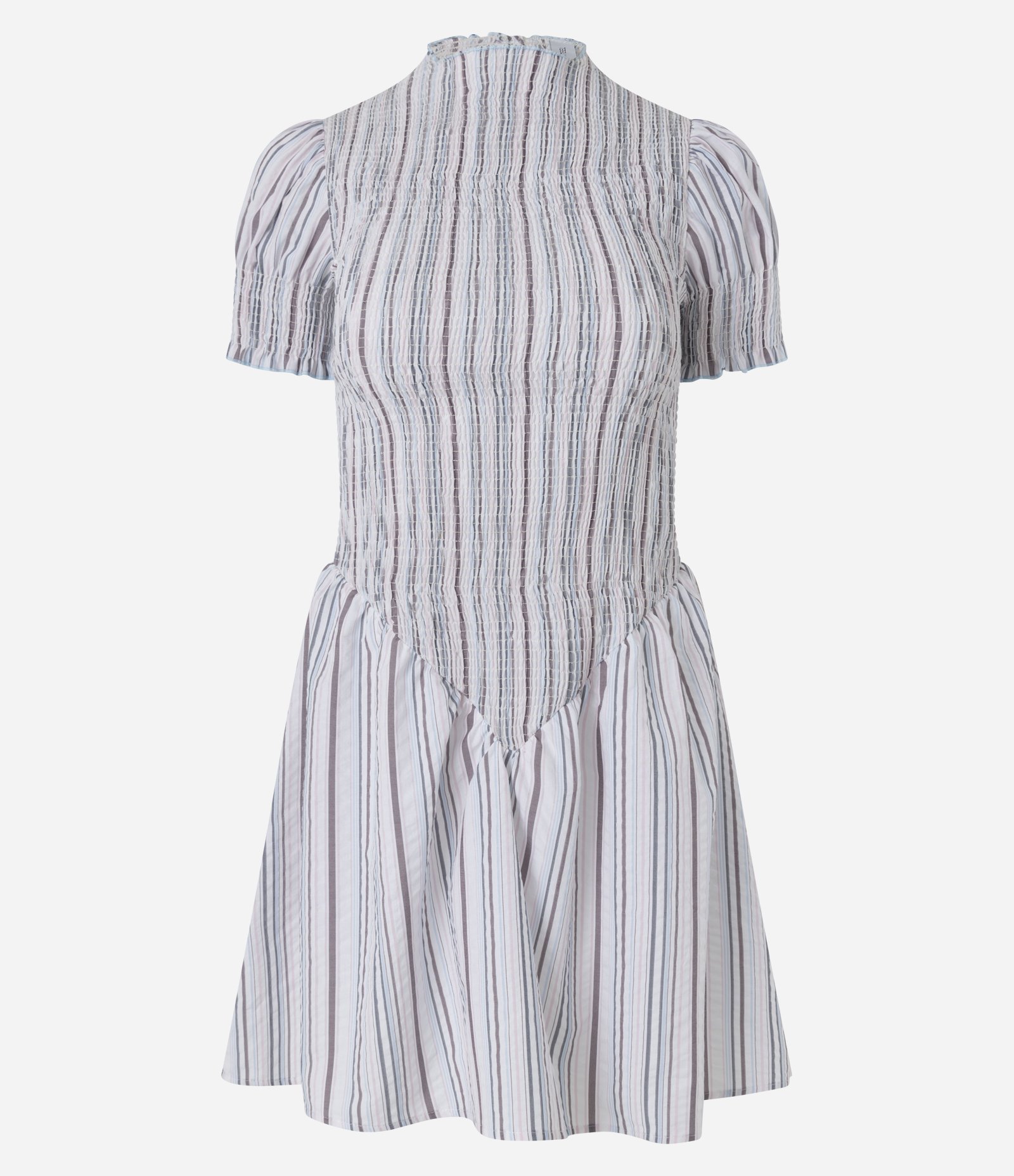Vestido Curto Evasê Listrado com Franzidos e Golinha Alta Branco 1