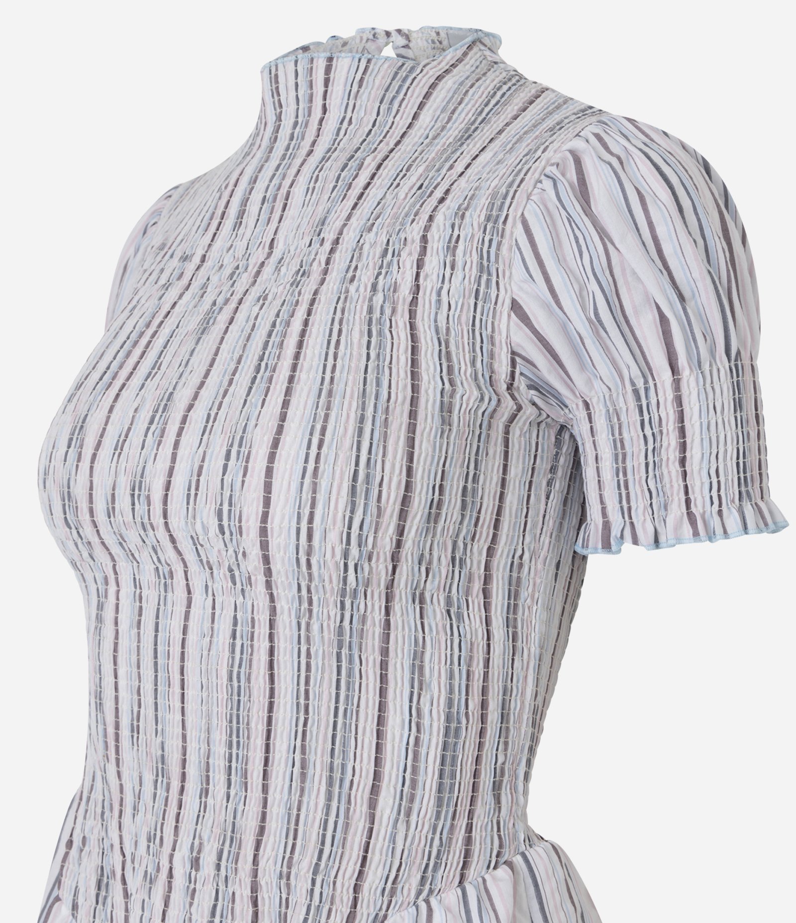 Vestido Curto Evasê Listrado com Franzidos e Golinha Alta Branco 2
