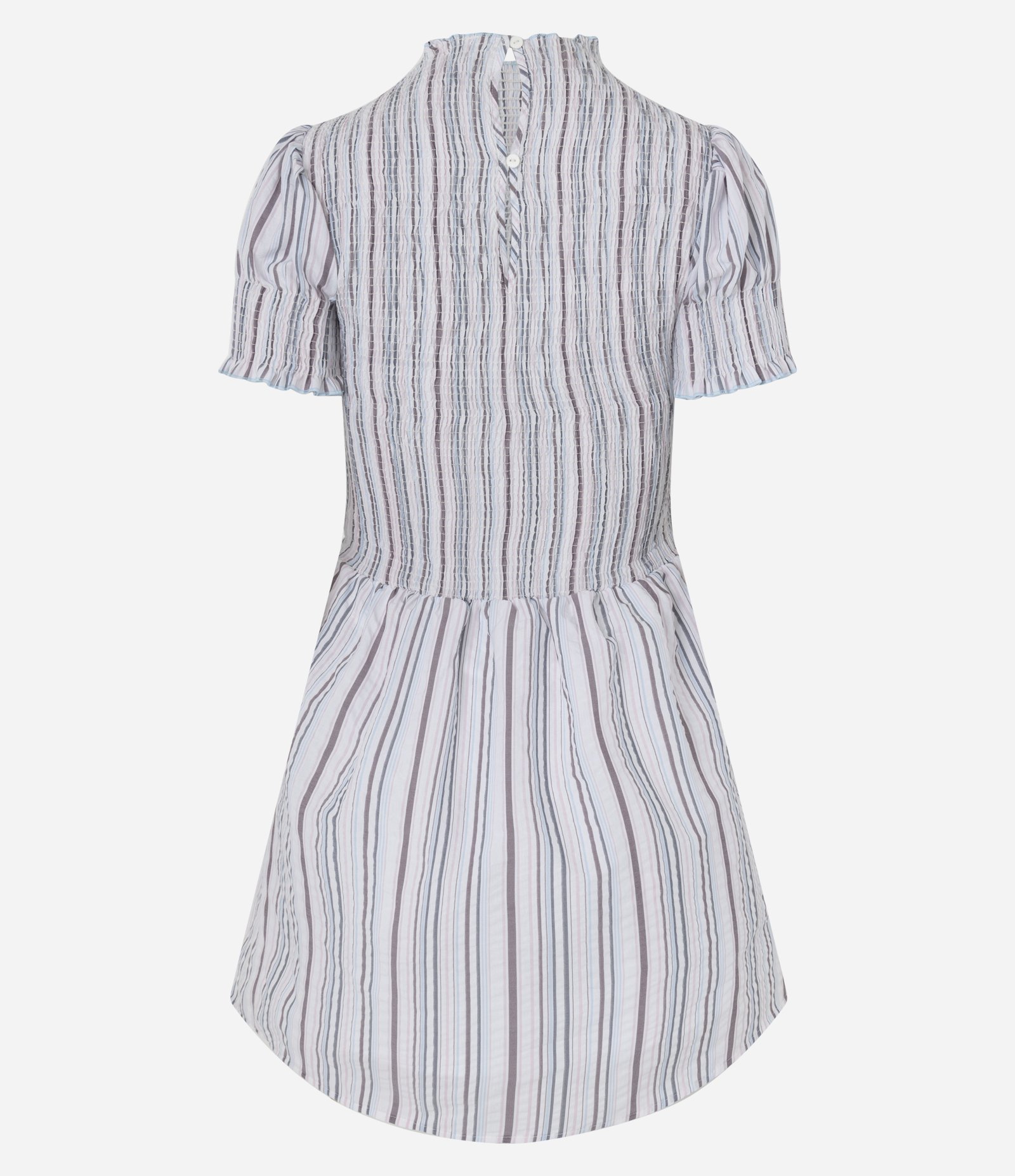 Vestido Curto Evasê Listrado com Franzidos e Golinha Alta Branco 3