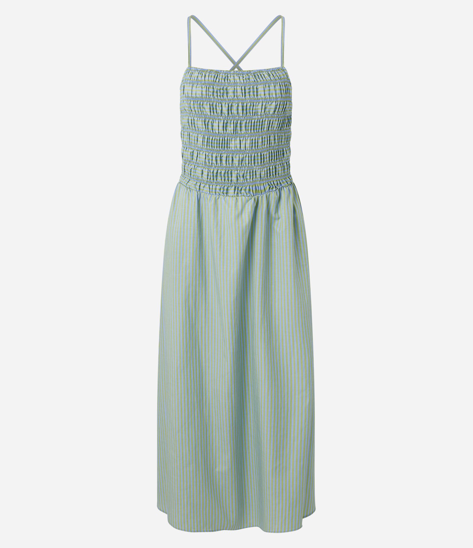 Vestido Midi Listrado com Busto Franzido e Amarração nas Costas Verde 5