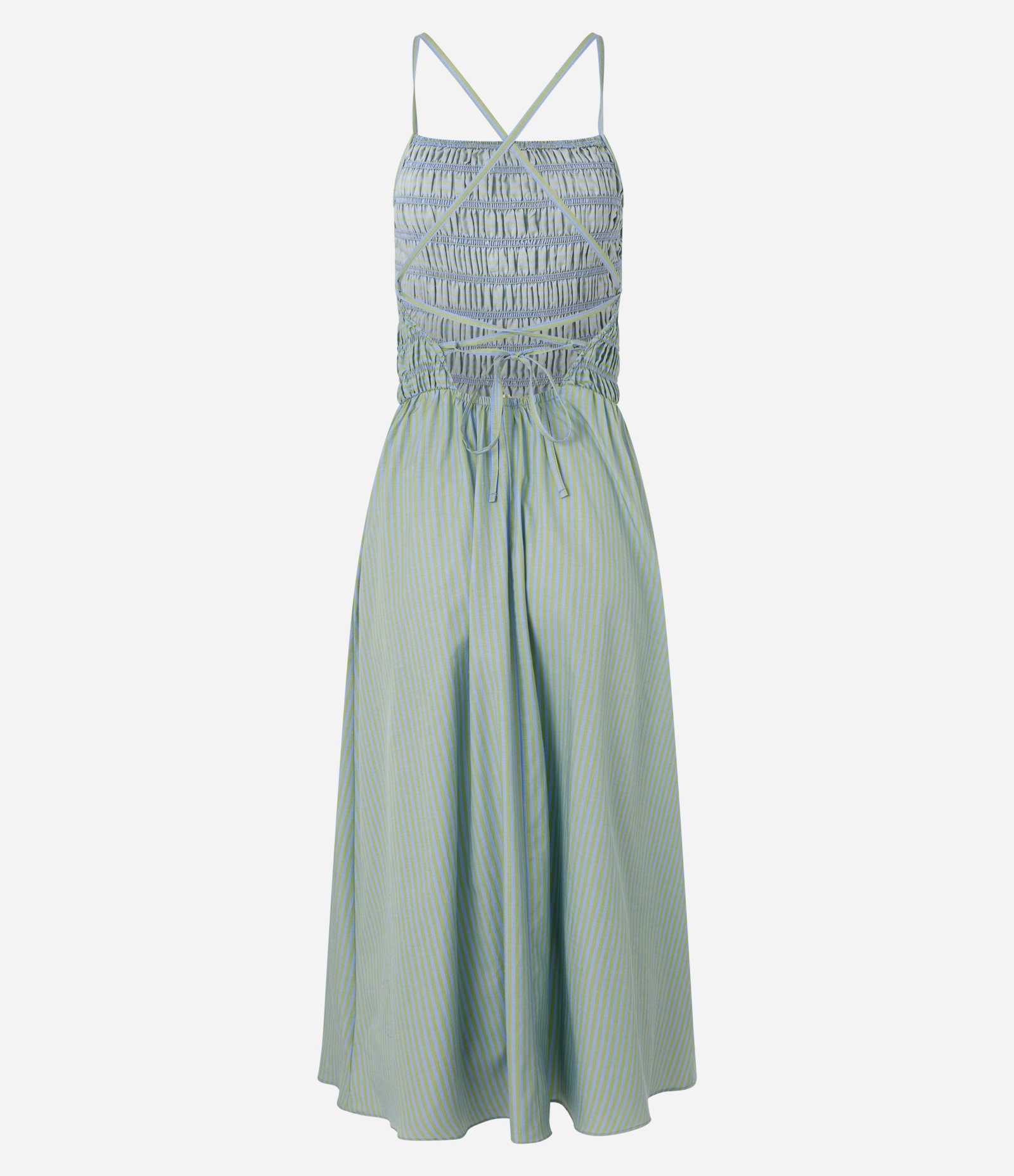 Vestido Midi Listrado com Busto Franzido e Amarração nas Costas Verde 6
