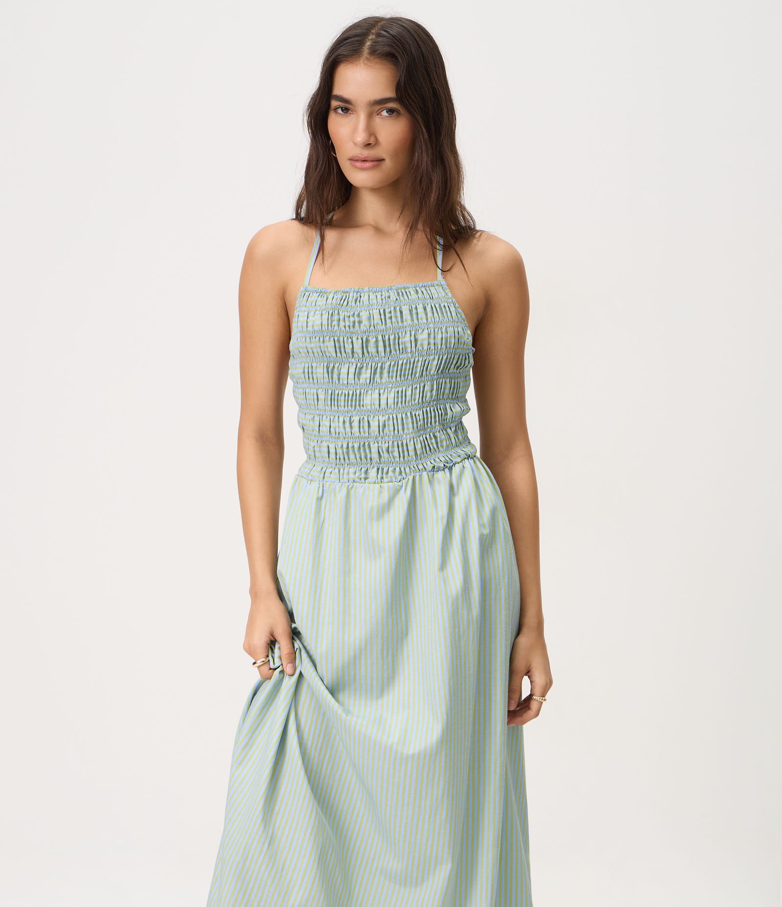 Vestido Midi Listrado com Busto Franzido e Amarração nas Costas Verde 1