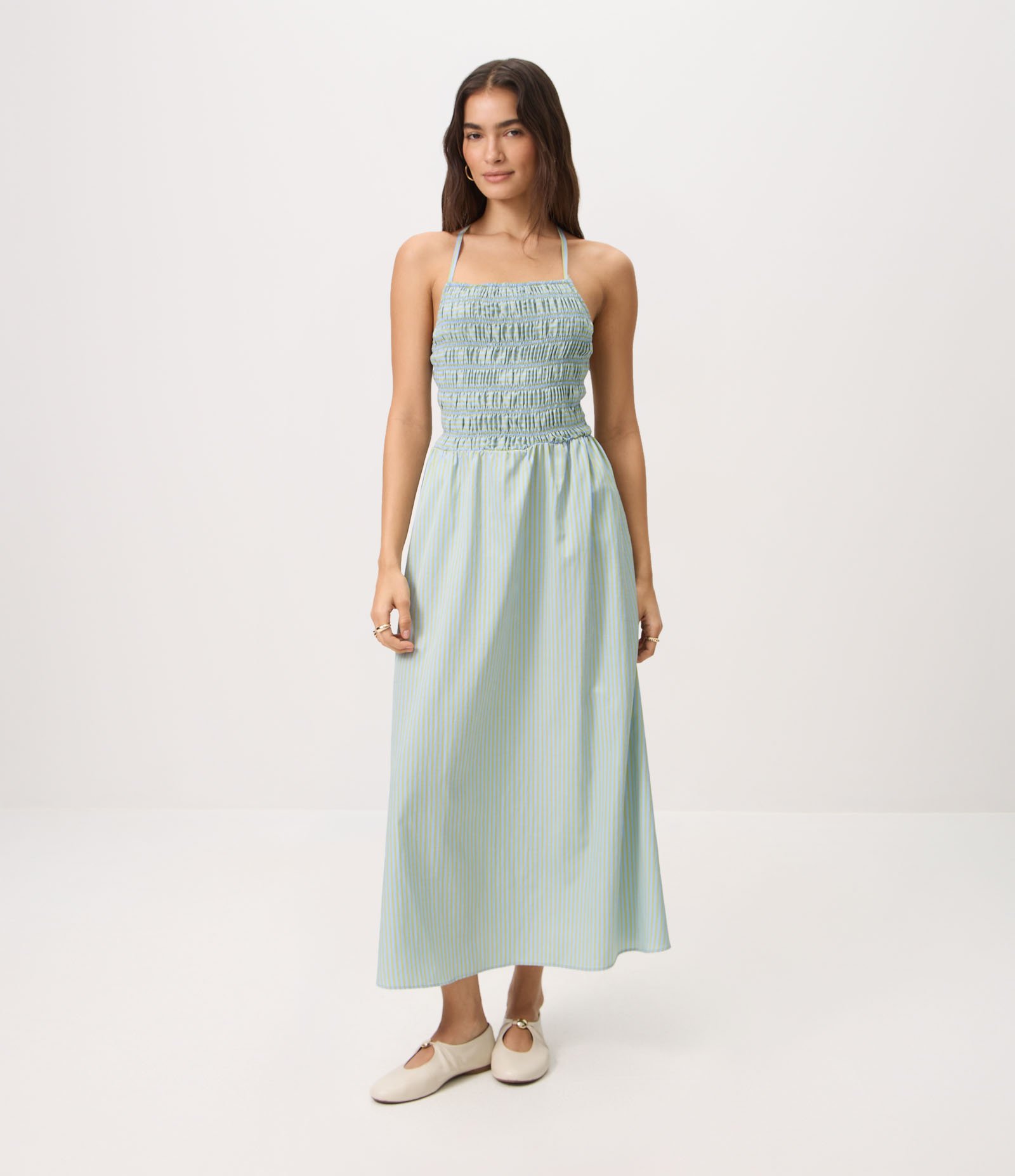 Vestido Midi Listrado com Busto Franzido e Amarração nas Costas Verde 2