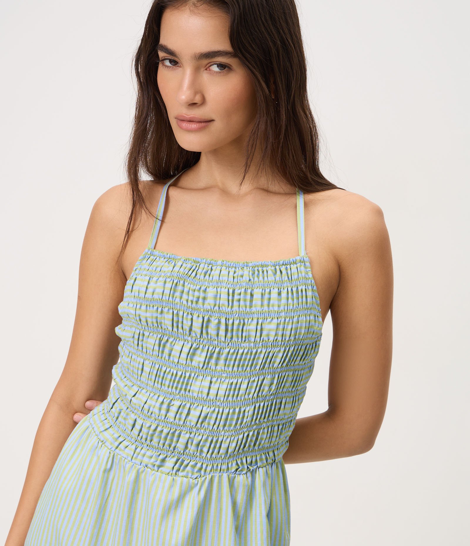 Vestido Midi Listrado com Busto Franzido e Amarração nas Costas Verde 3