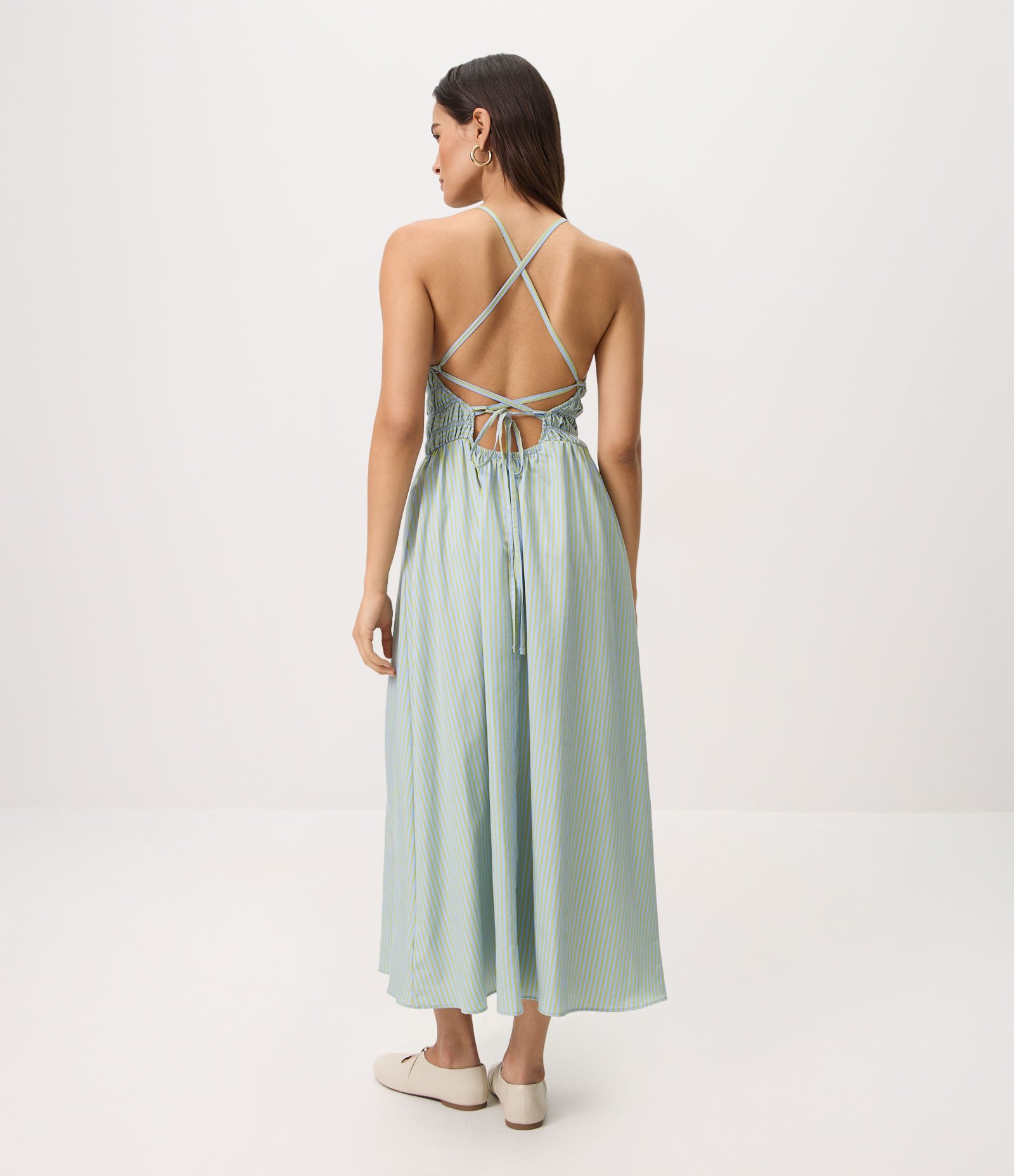 Vestido Midi Listrado com Busto Franzido e Amarração nas Costas Verde 4