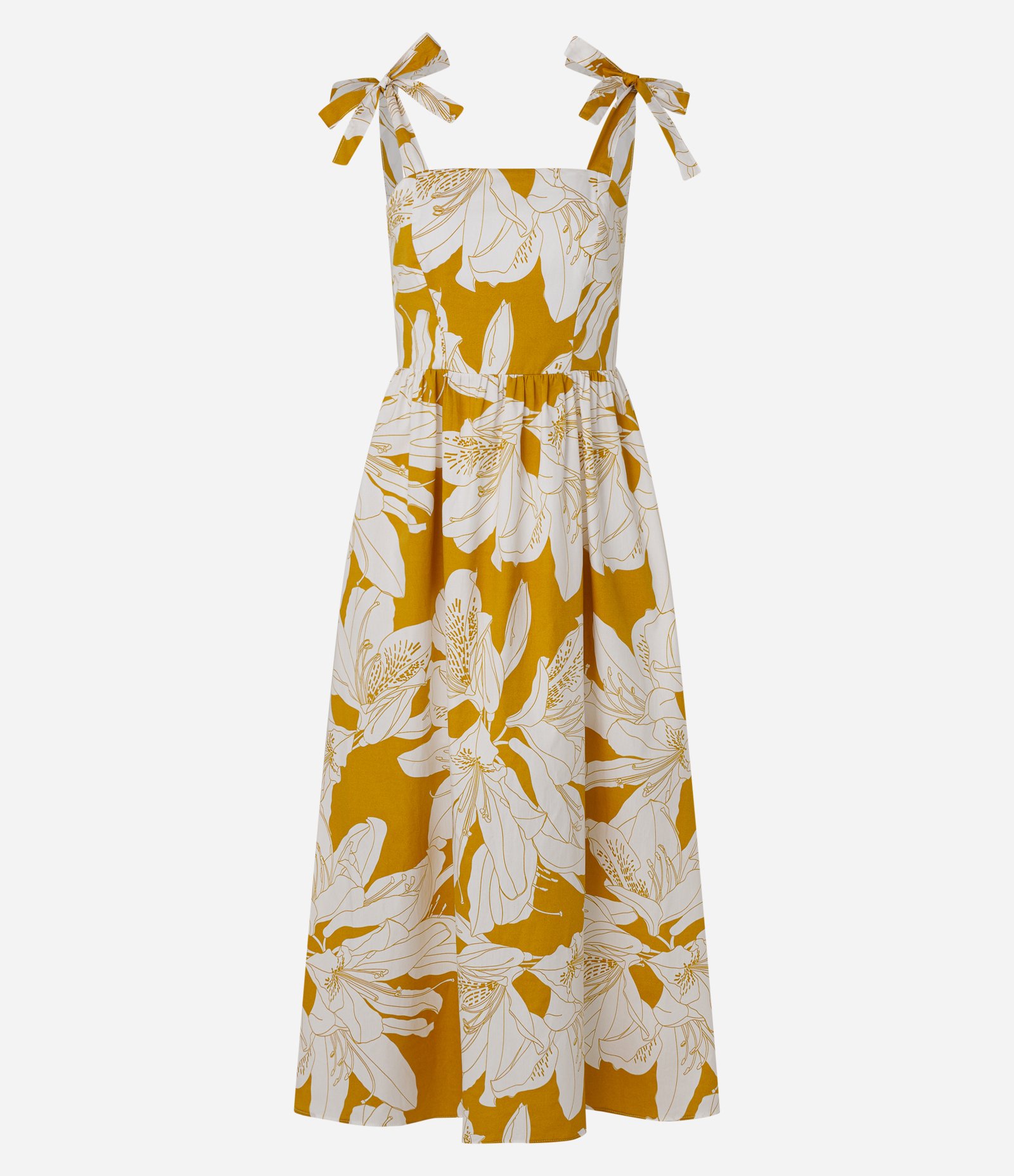 Vestido Longo em Tricoline com Amarrações nos Ombros e Estampa Floral Amarelo 1