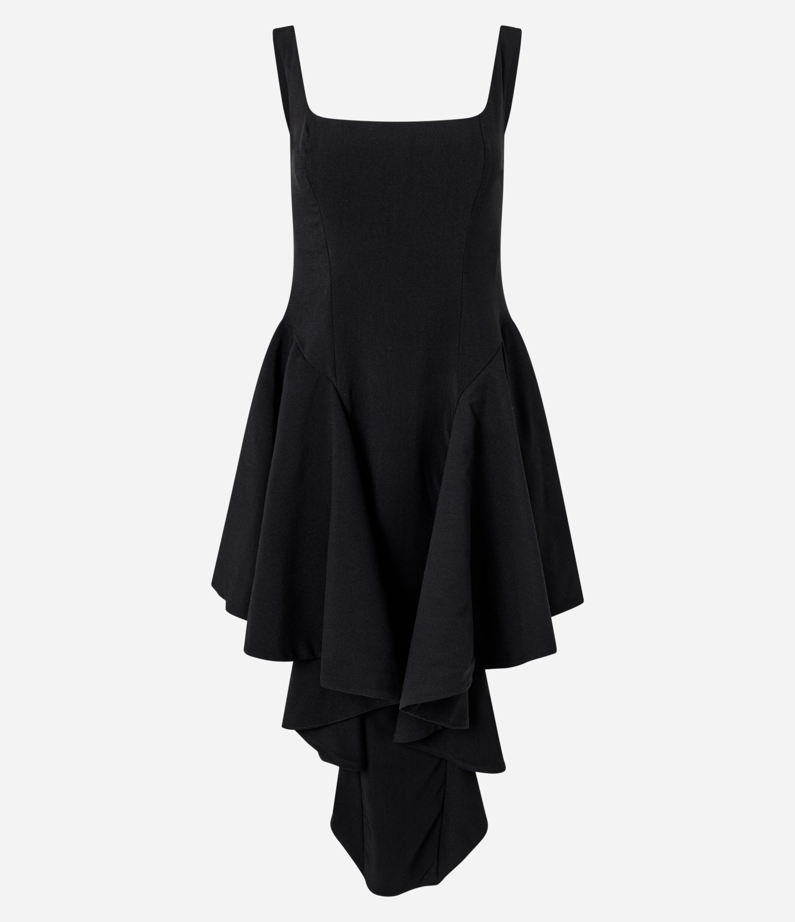 Vestido Midi Alfaiatado com Babados Estruturados e Barra Assimétrica Preto 1