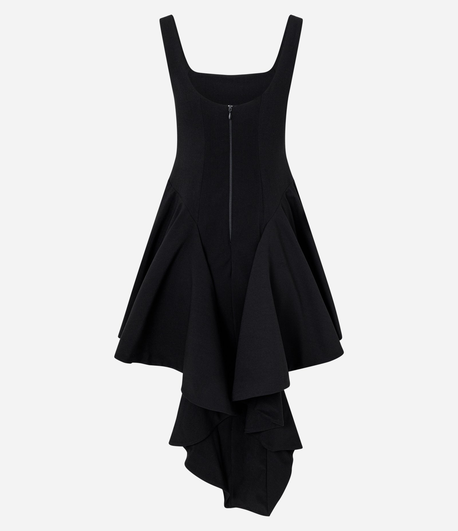 Vestido Midi Alfaiatado com Babados Estruturados e Barra Assimétrica Preto 2