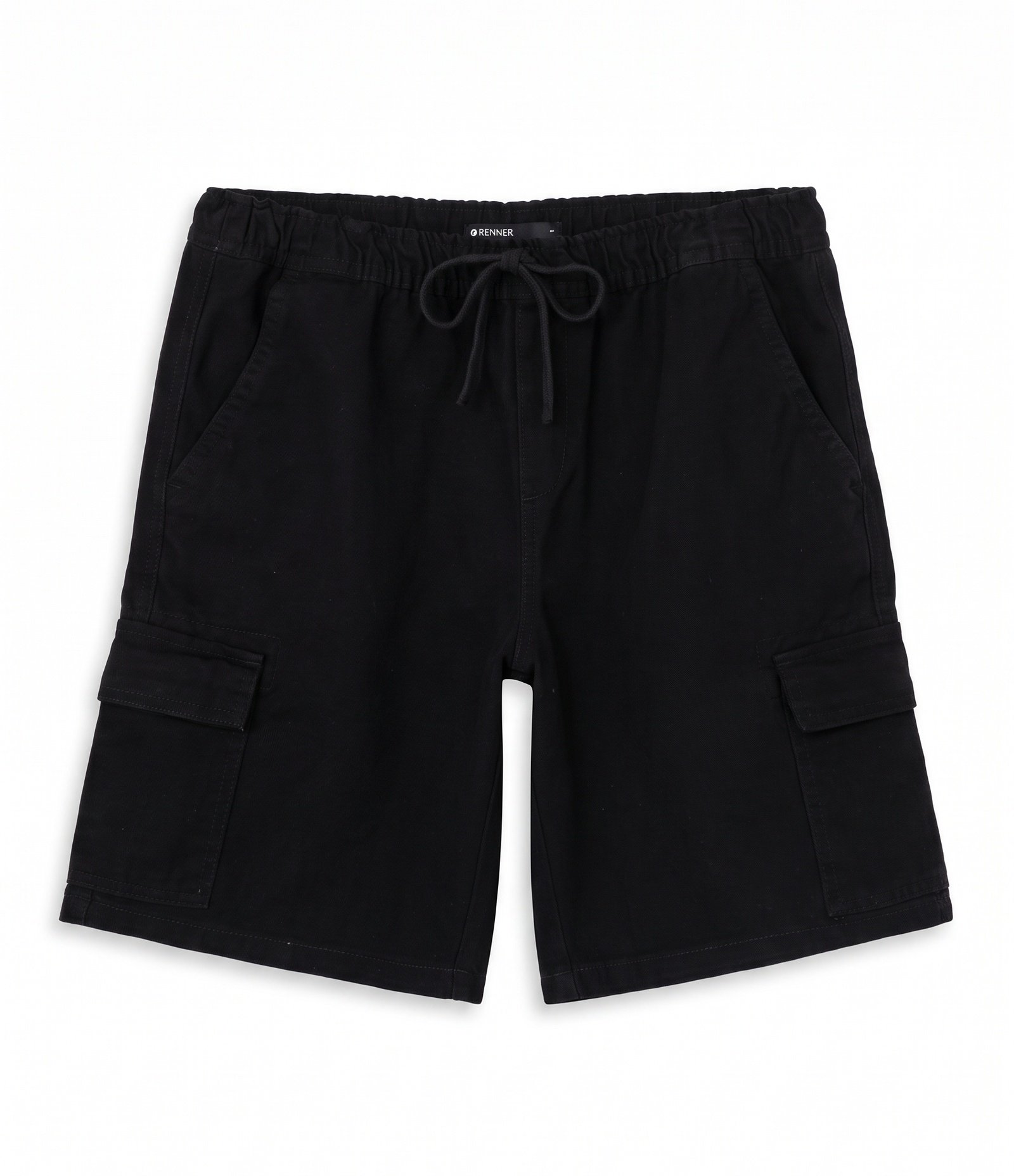 Bermuda Regular em Sarja com Bolsos Cargo Laterais Preto 1