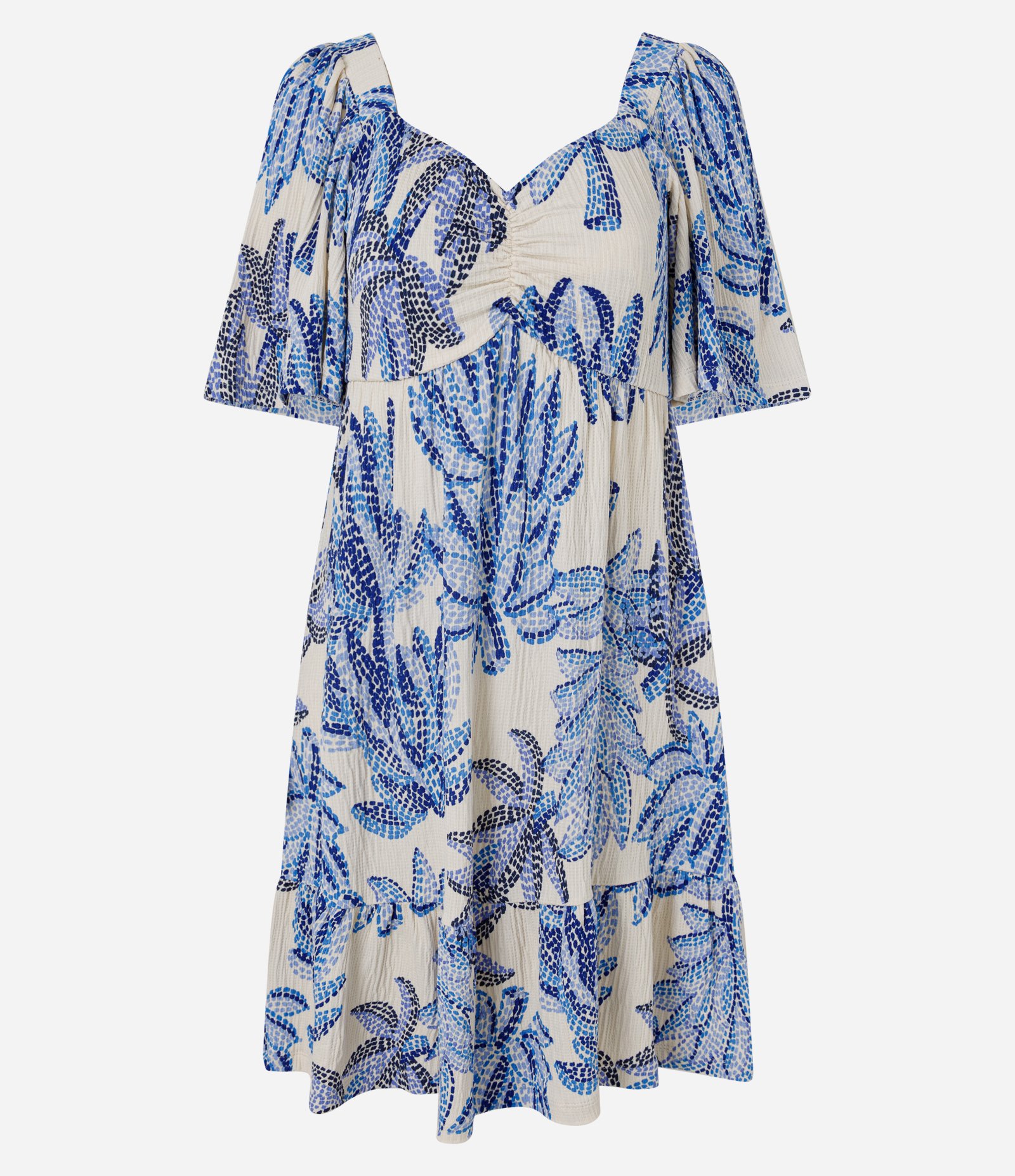 Vestido Curto com Estampa Bananeira e Mangas Amplas Azul e Branco 1