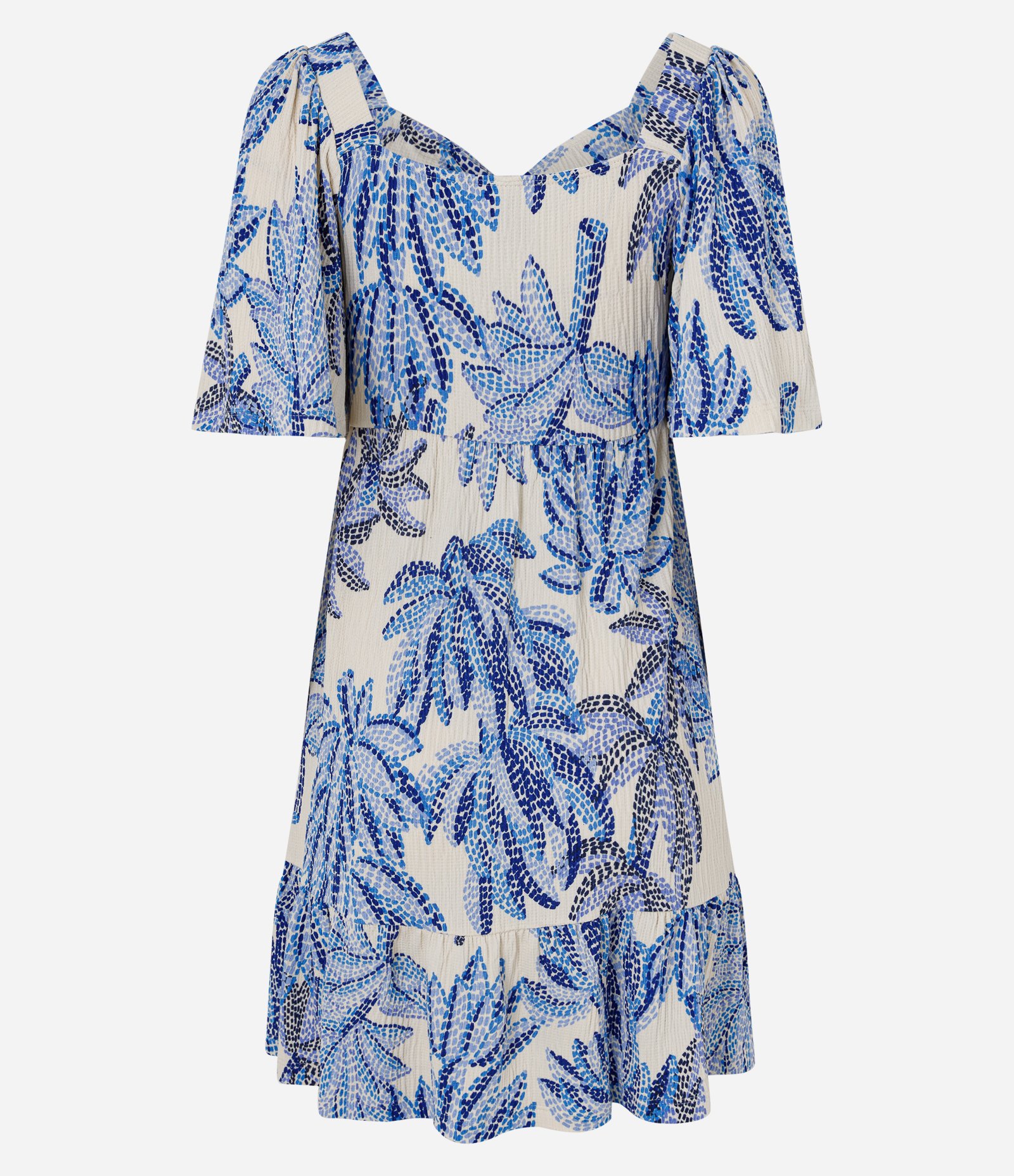Vestido Curto com Estampa Bananeira e Mangas Amplas Azul e Branco 2