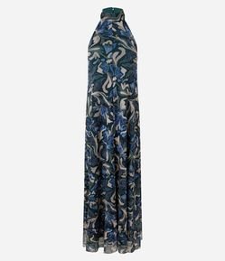 Vestido em Tule com Gola Halter Neck e Estampa Abstrata