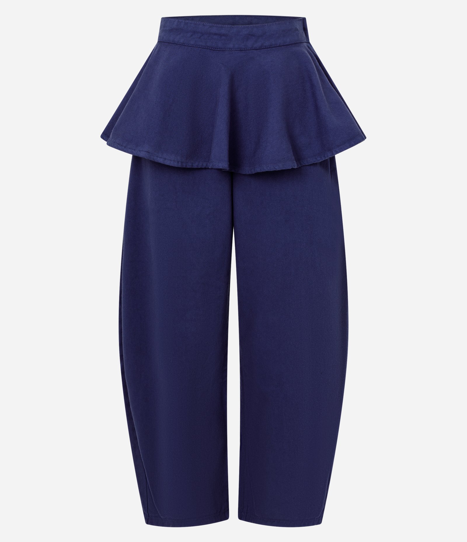 Calça Barrel em Sarja com Peplum Sobreposto e Cintura Alta Azul 1