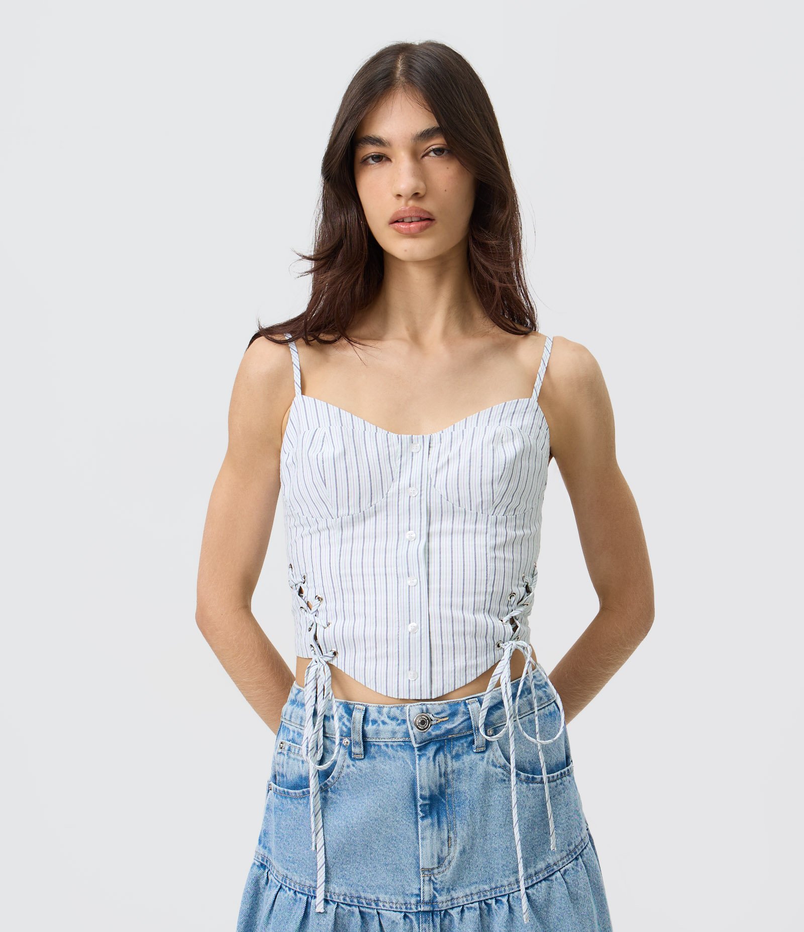 Blusa Corset Listrada em Cotton com Amarração Lateral Verde Claro 1