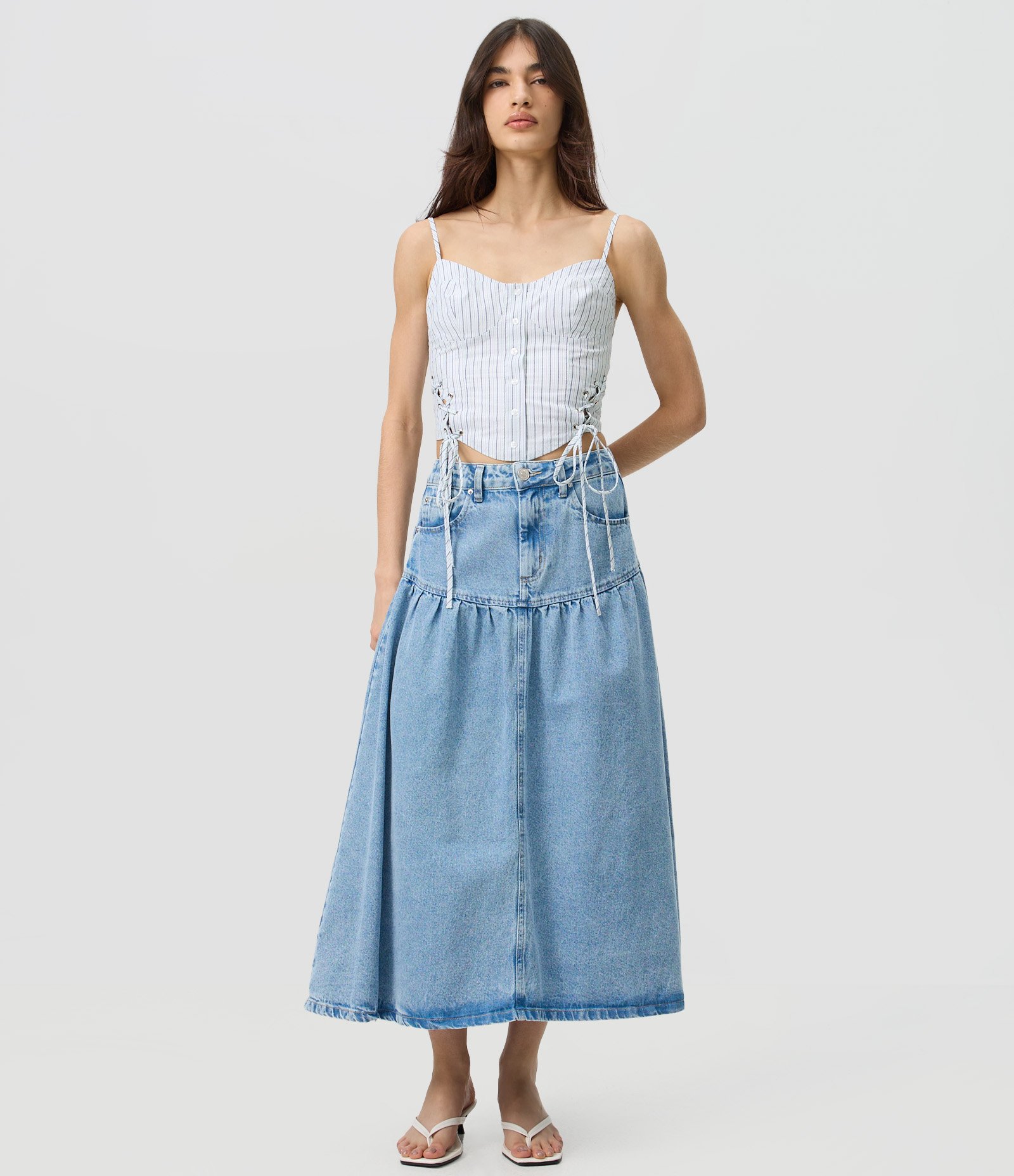 Blusa Corset Listrada em Cotton com Amarração Lateral Verde Claro 2
