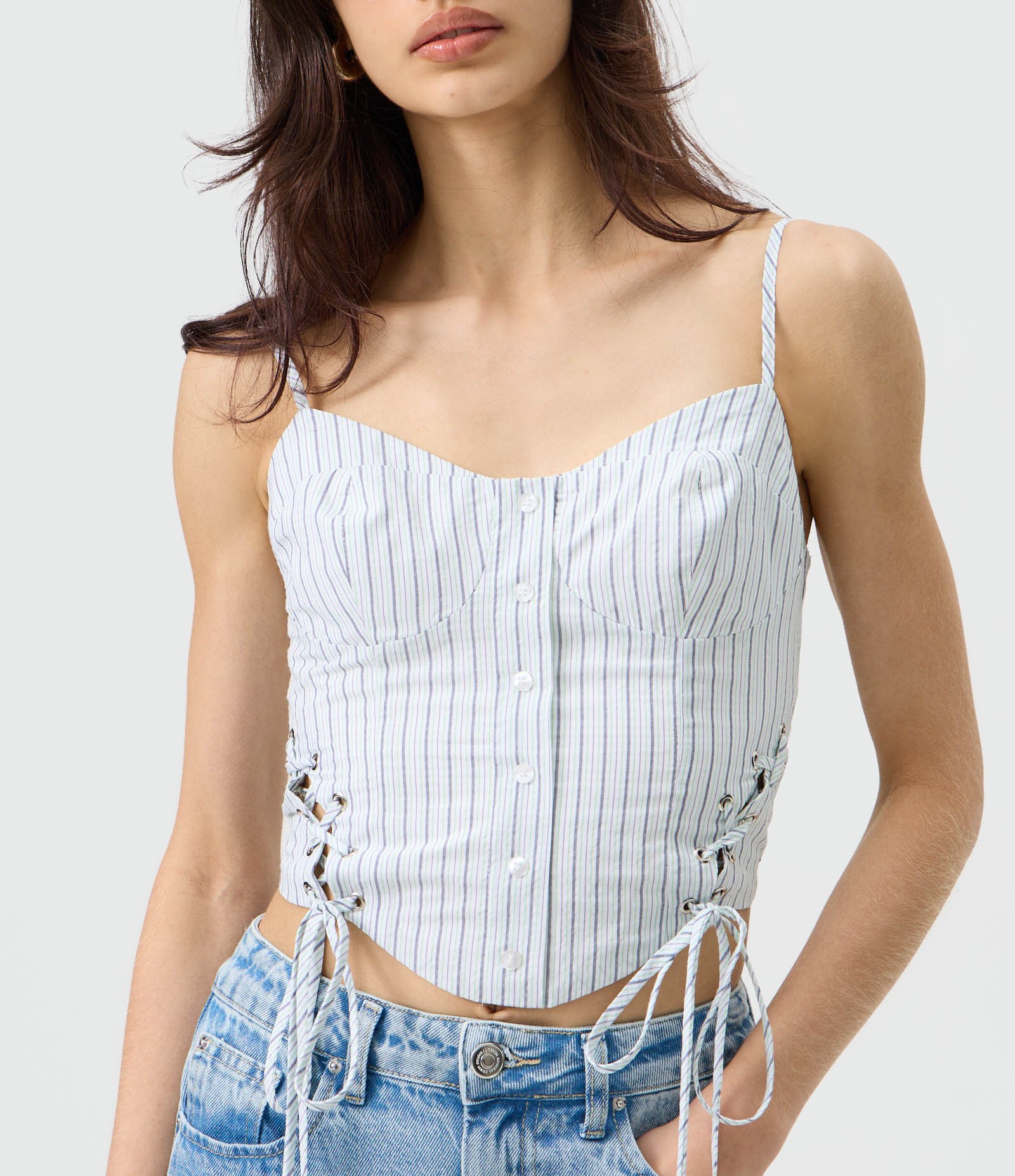 Blusa Corset Listrada em Cotton com Amarração Lateral Verde Claro 3
