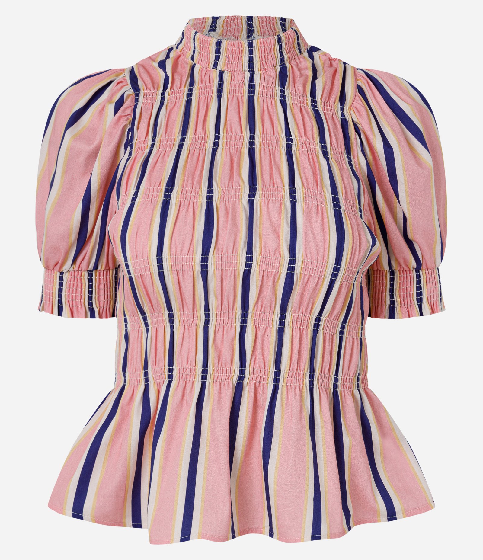 Blusa Listrada em Tricoline com Mangas Bufantes e Cintura Franzida Rosa 3