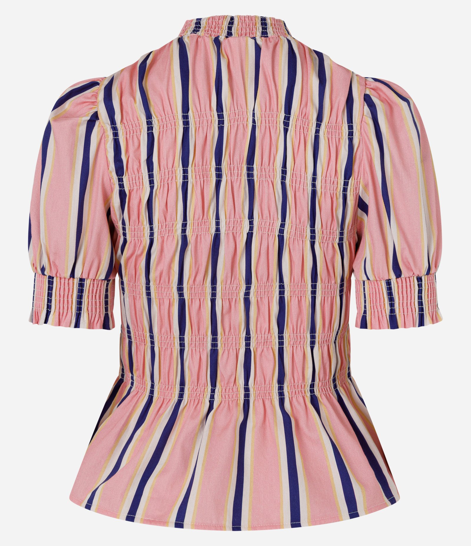 Blusa Listrada em Tricoline com Mangas Bufantes e Cintura Franzida Rosa 4