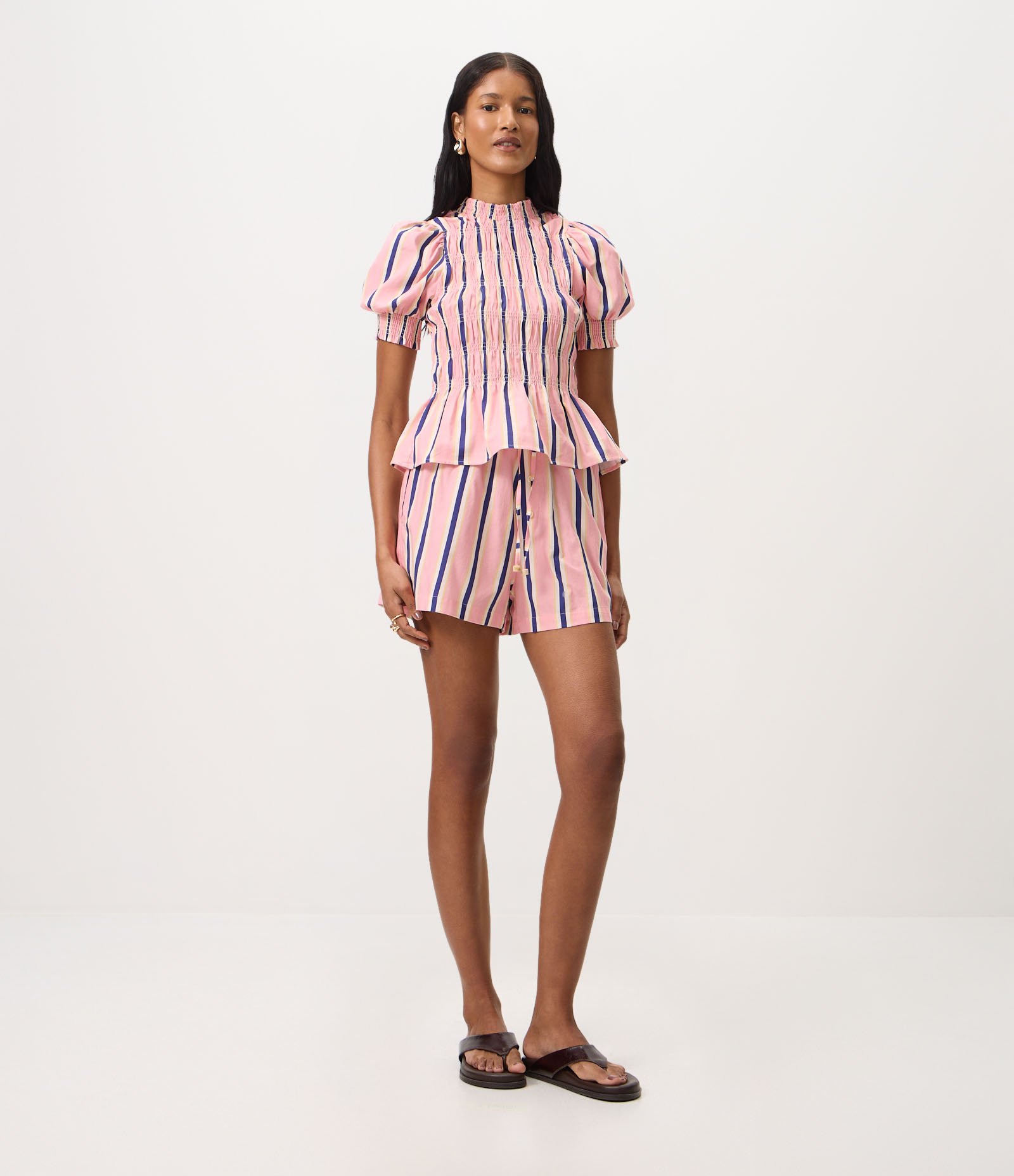 Blusa Listrada em Tricoline com Mangas Bufantes e Cintura Franzida Rosa 1