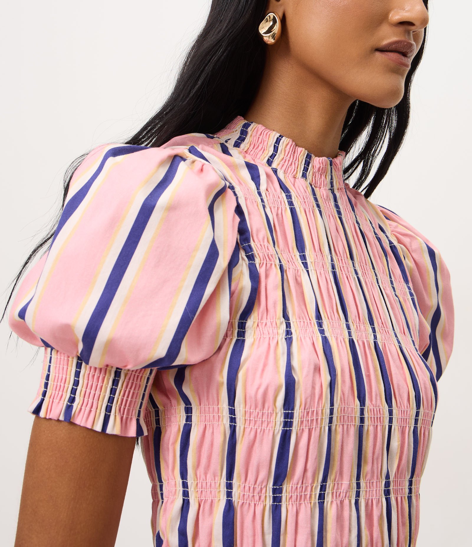 Blusa Listrada em Tricoline com Mangas Bufantes e Cintura Franzida Rosa 3