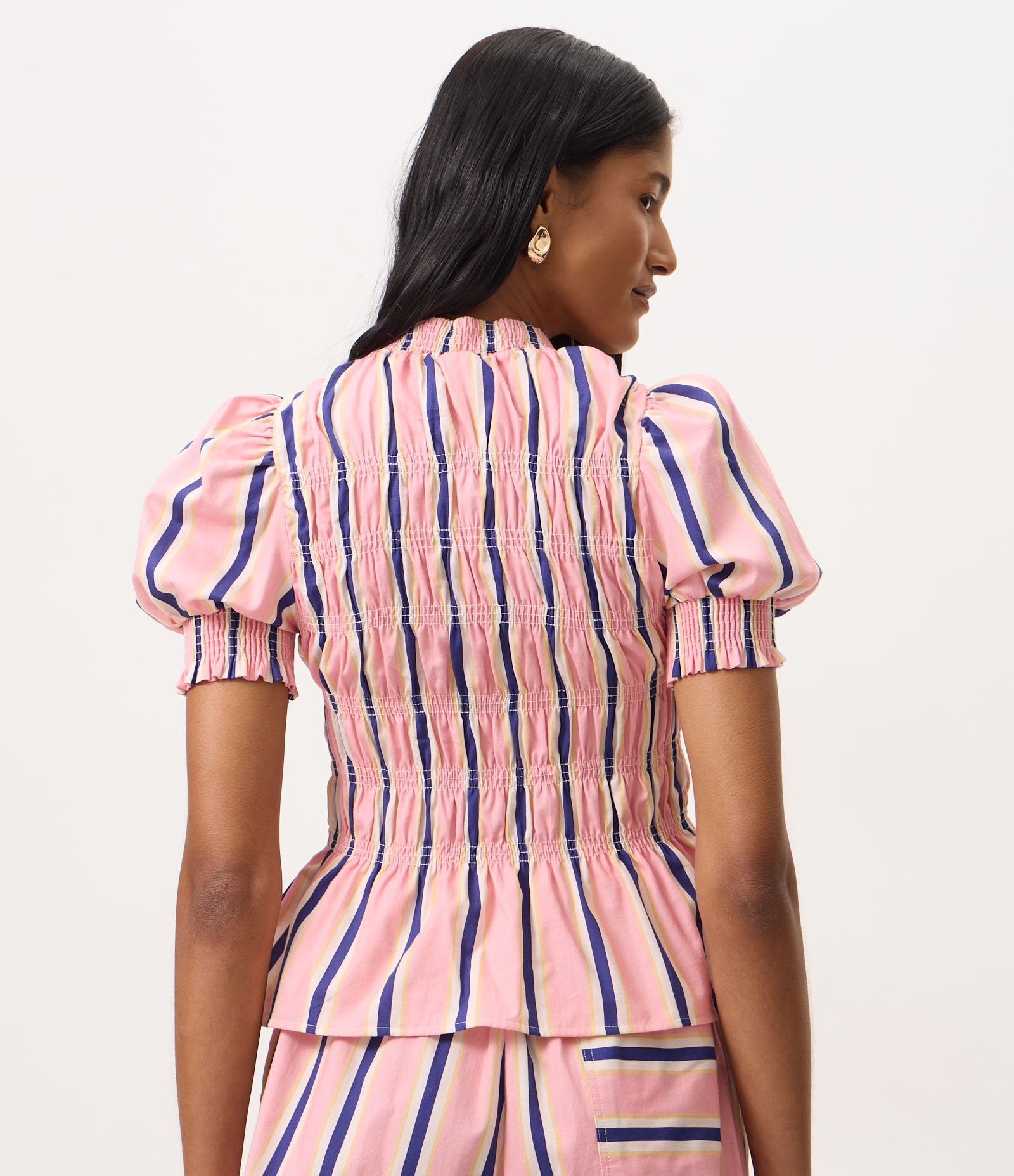Blusa Listrada em Tricoline com Mangas Bufantes e Cintura Franzida Rosa 2
