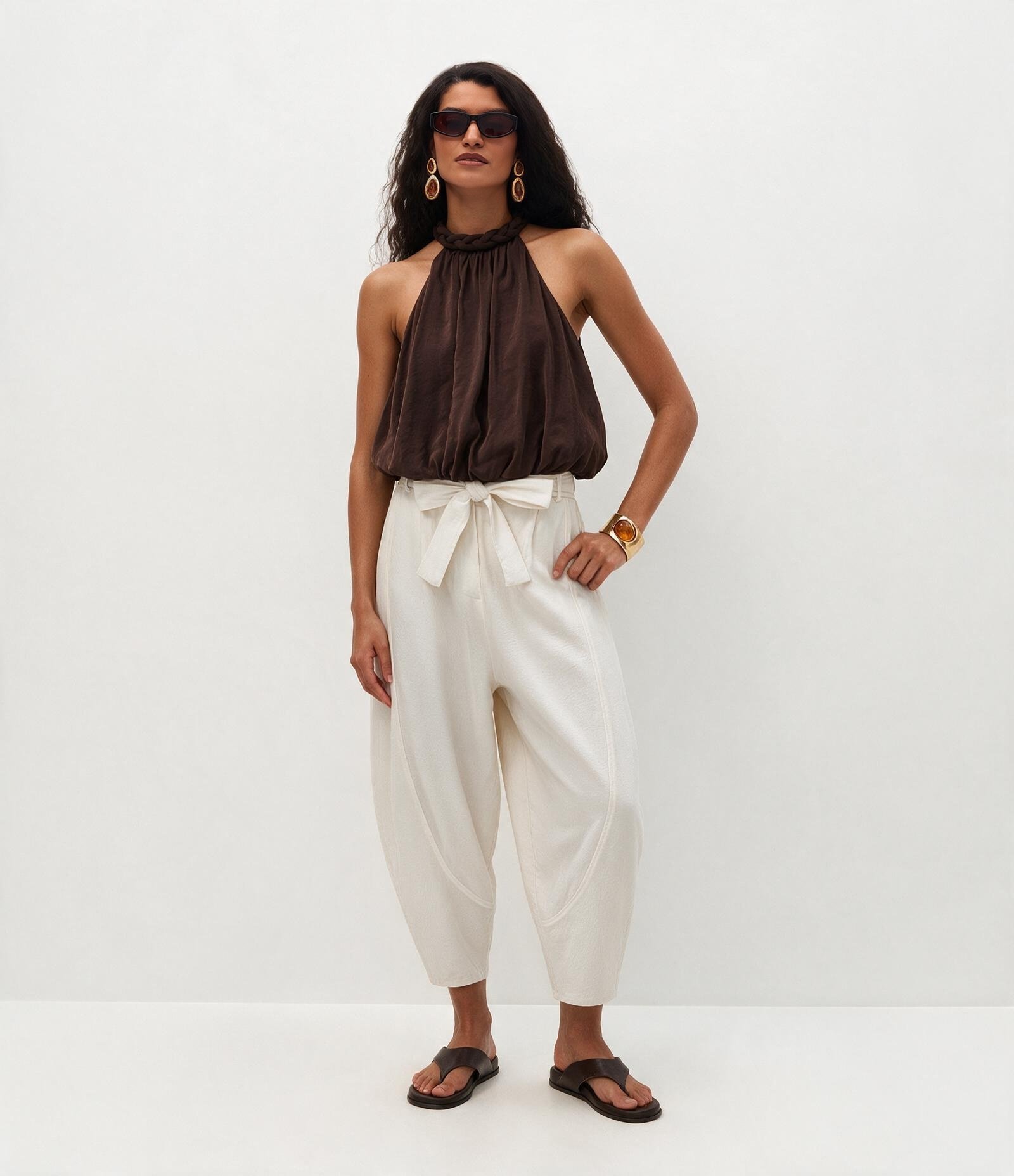 Calça Balloon com Transparência Leve e Faixa para Amarração Branco 2