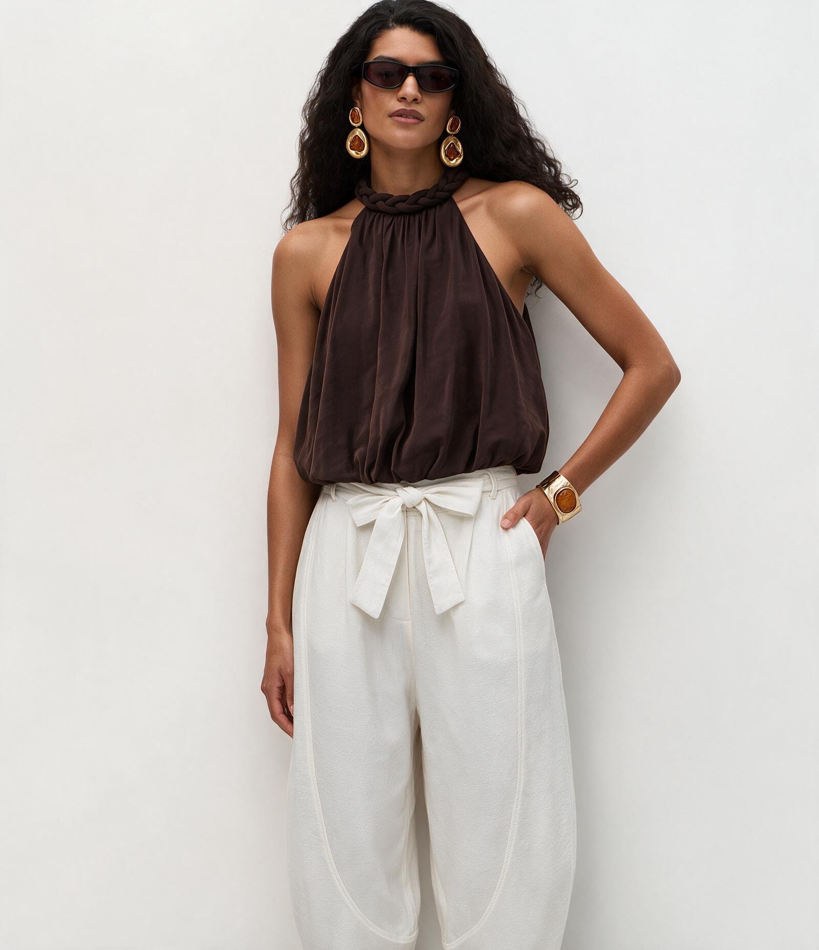 Calça Balloon com Transparência Leve e Faixa para Amarração Branco 3
