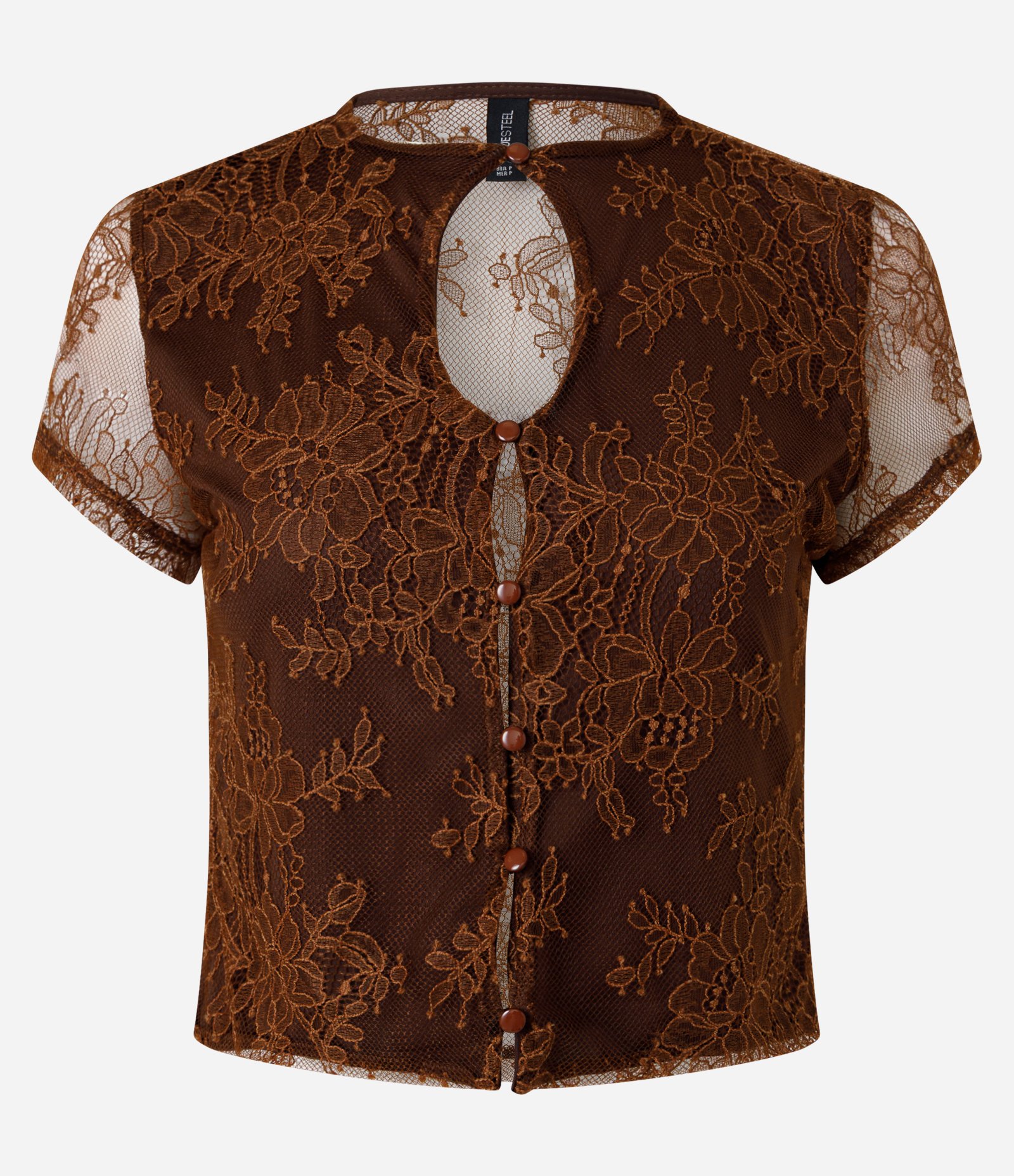 Blusa Floral em Renda com Decote Oriental e Fechamento Frontal Marrom 5