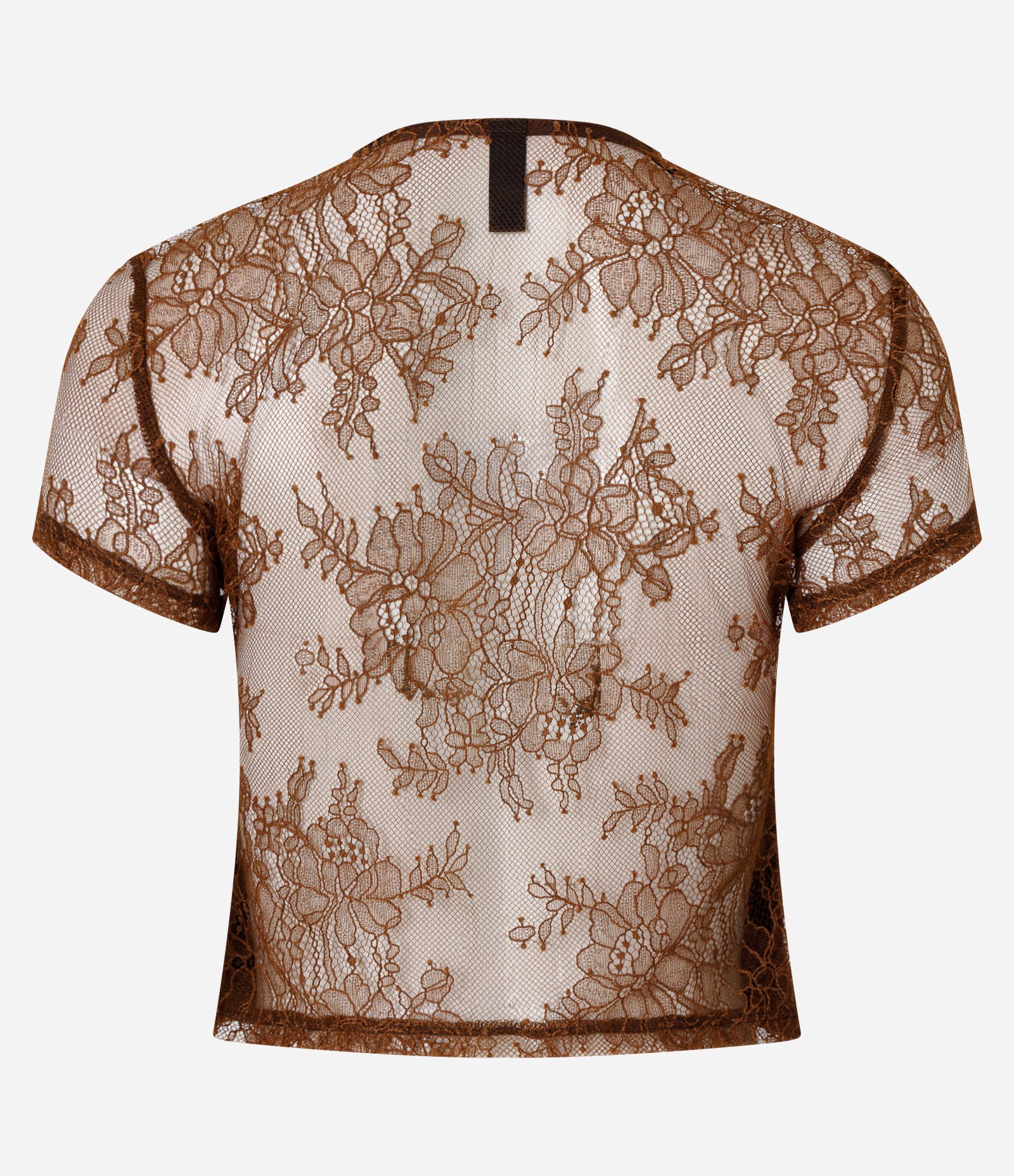 Blusa Floral em Renda com Decote Oriental e Fechamento Frontal Marrom 6