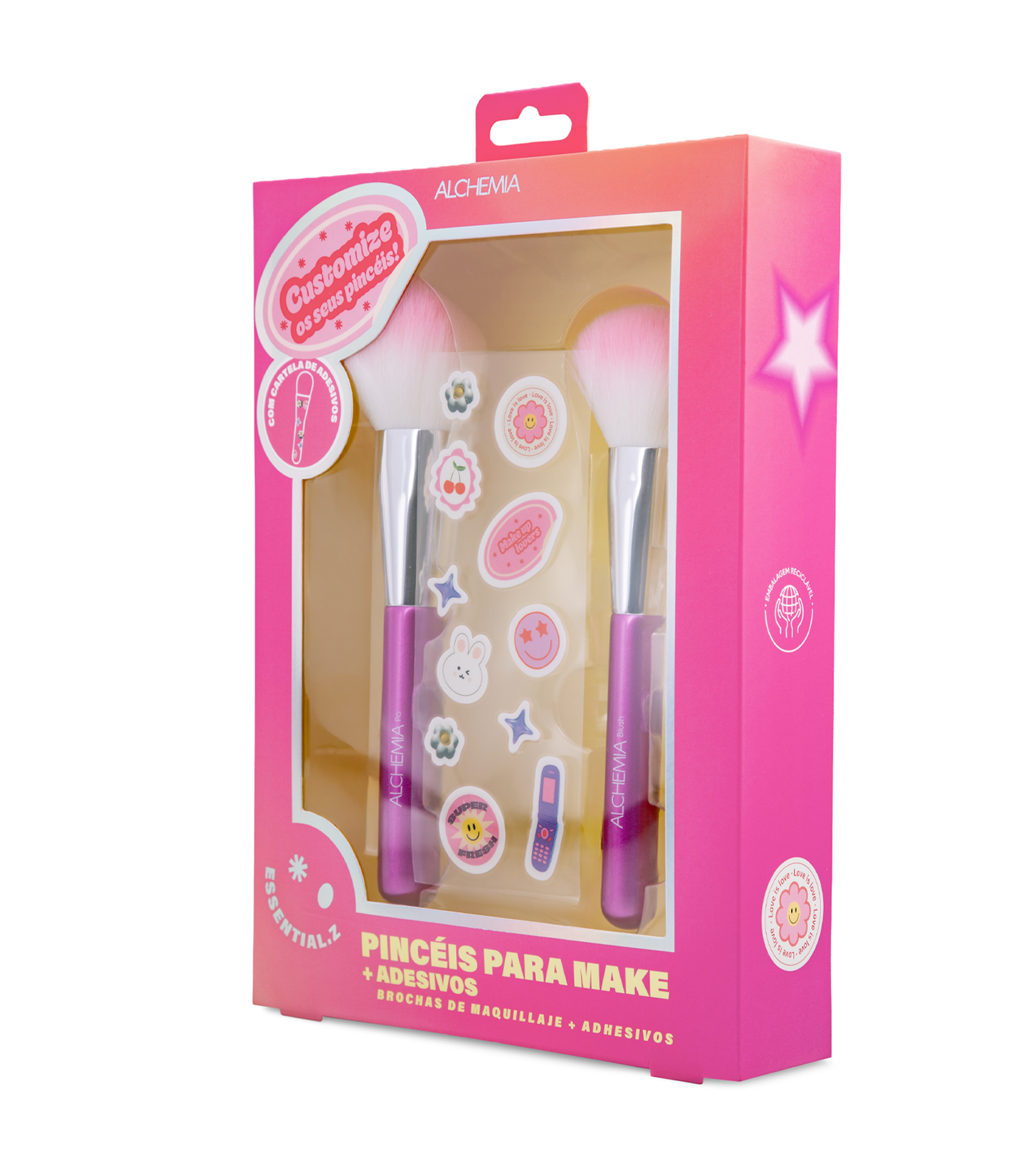 Kit com Pinceis para Make + Adesivos Alchemia Rosa 2