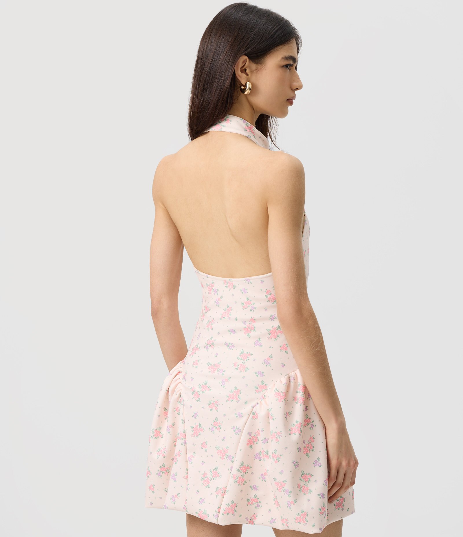 Vestido Halter Floral com Anquinhas e Decote Gota Rosa Claro 4