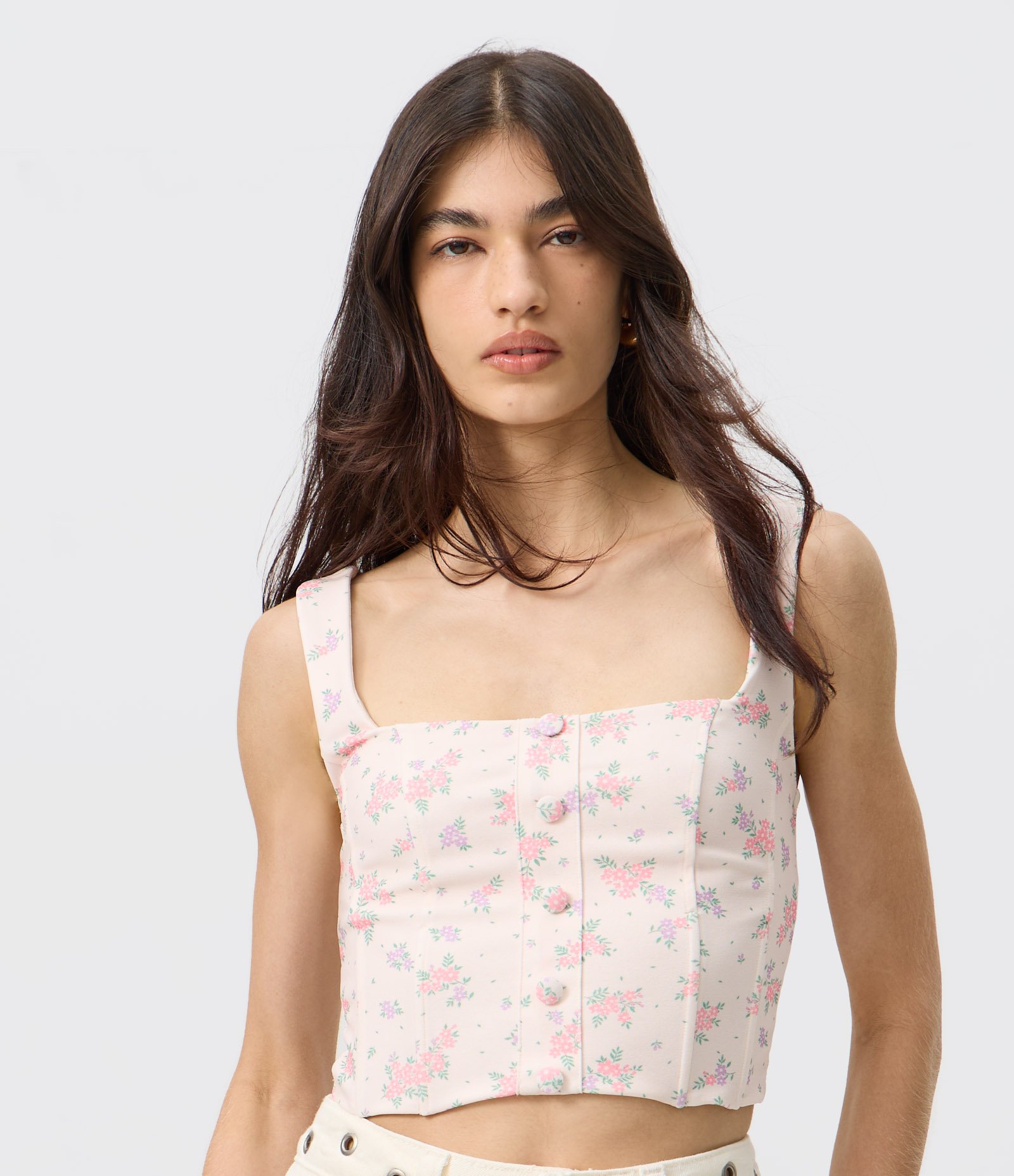 Blusa Corset Floral com Decote Quadrado Rosa Claro 1