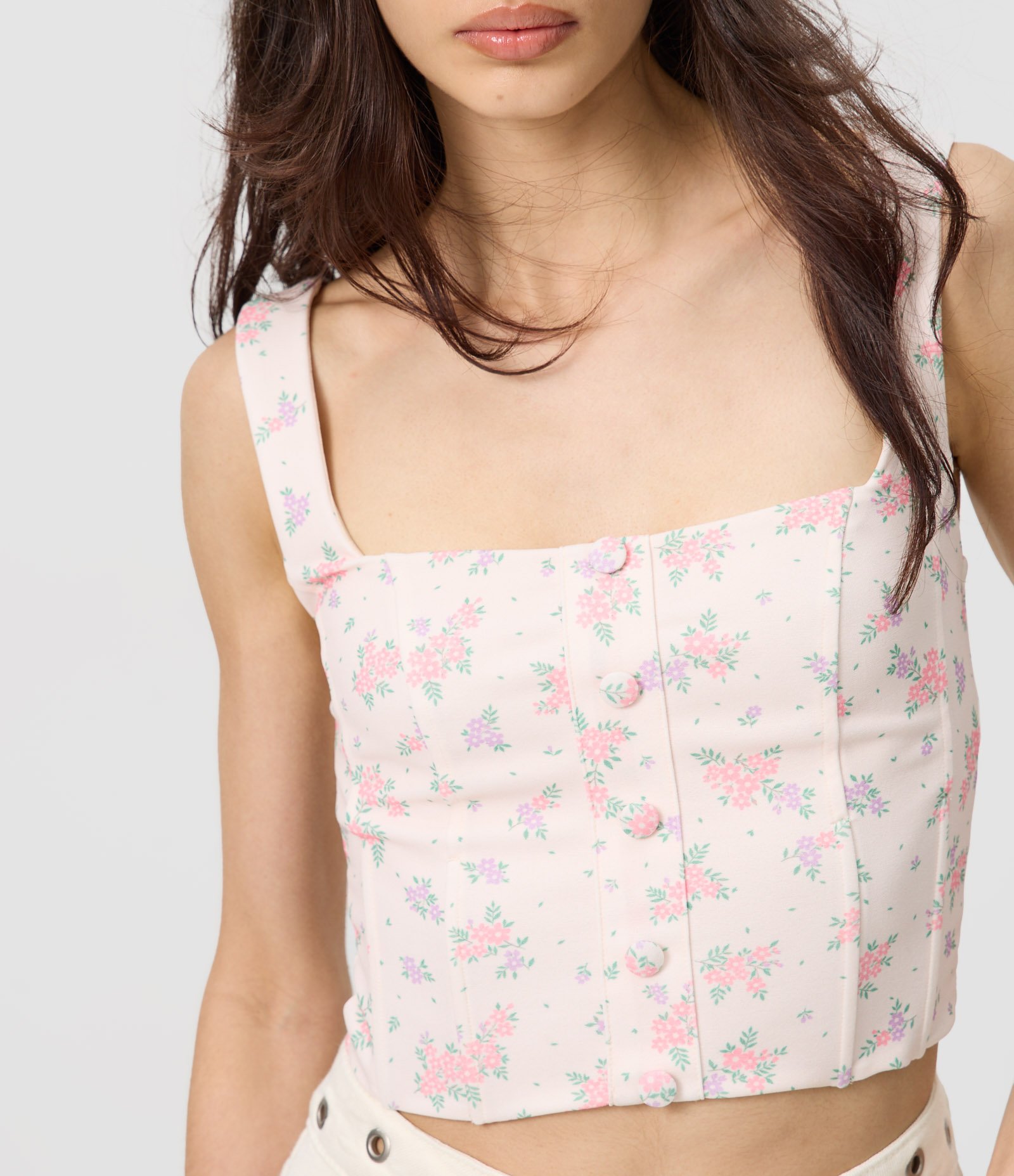 Blusa Corset Floral com Decote Quadrado Rosa Claro 3