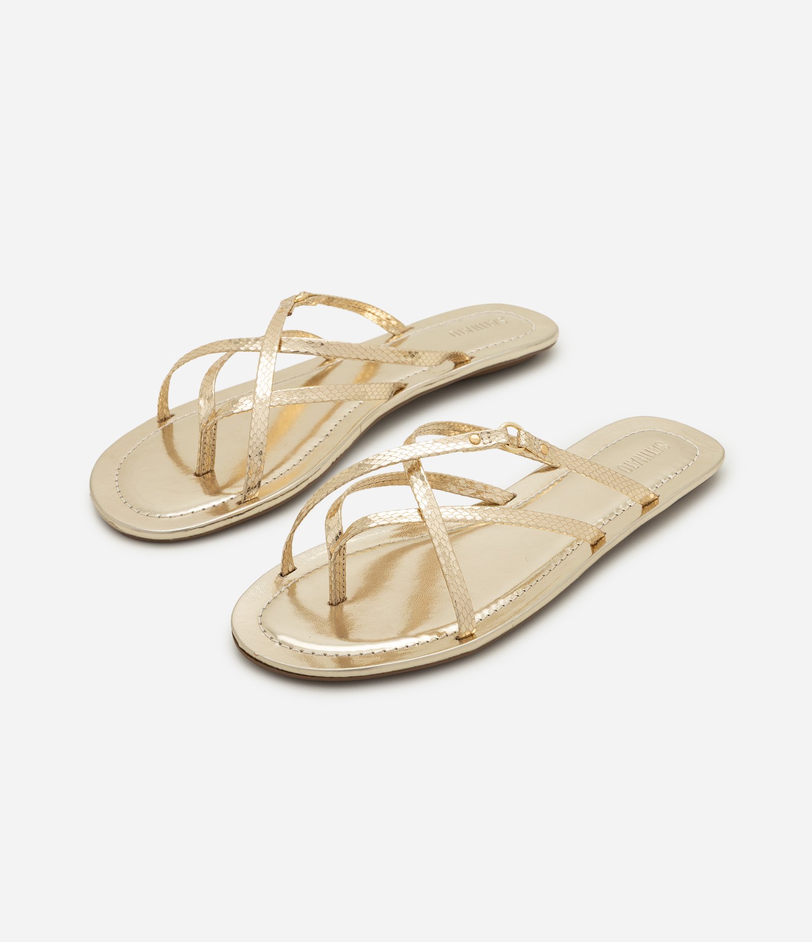 Rasteira Mule com Tiras Finas e Detalhes Metálicos Dourado 2