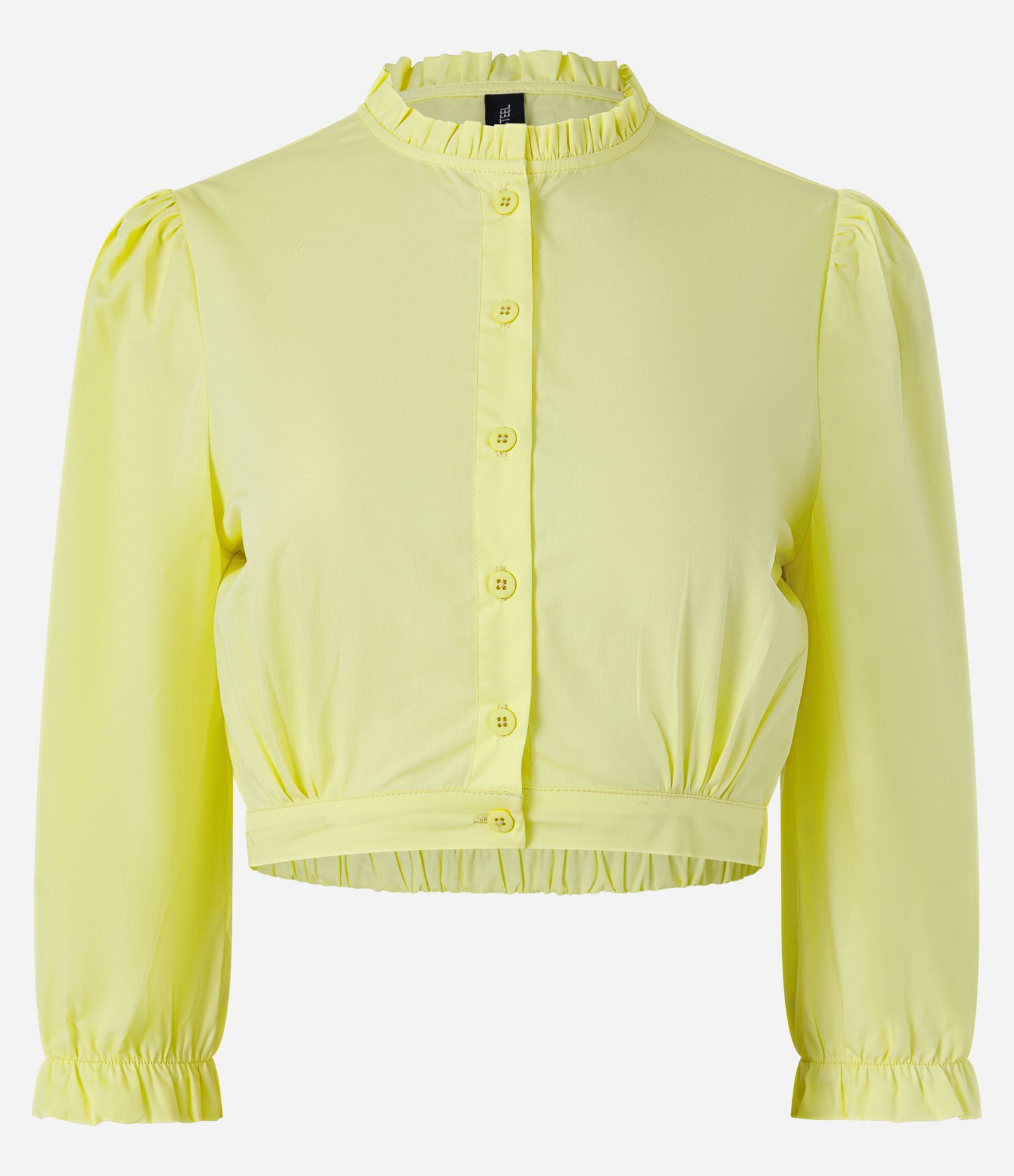 Blusa Cropped em Tricoline com Barra e Gola Alta Franzidas Amarelo 5