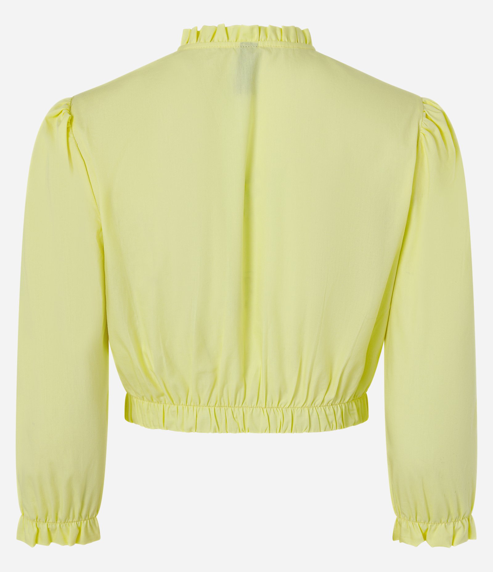 Blusa Cropped em Tricoline com Barra e Gola Alta Franzidas Amarelo 6