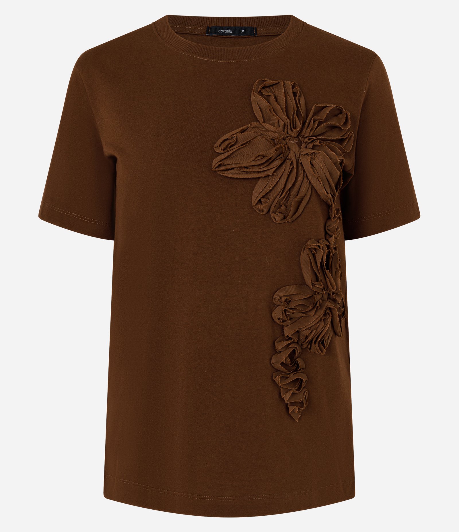Camiseta em Algodão com Flores Aplicadas em Chiffon Marrom 1