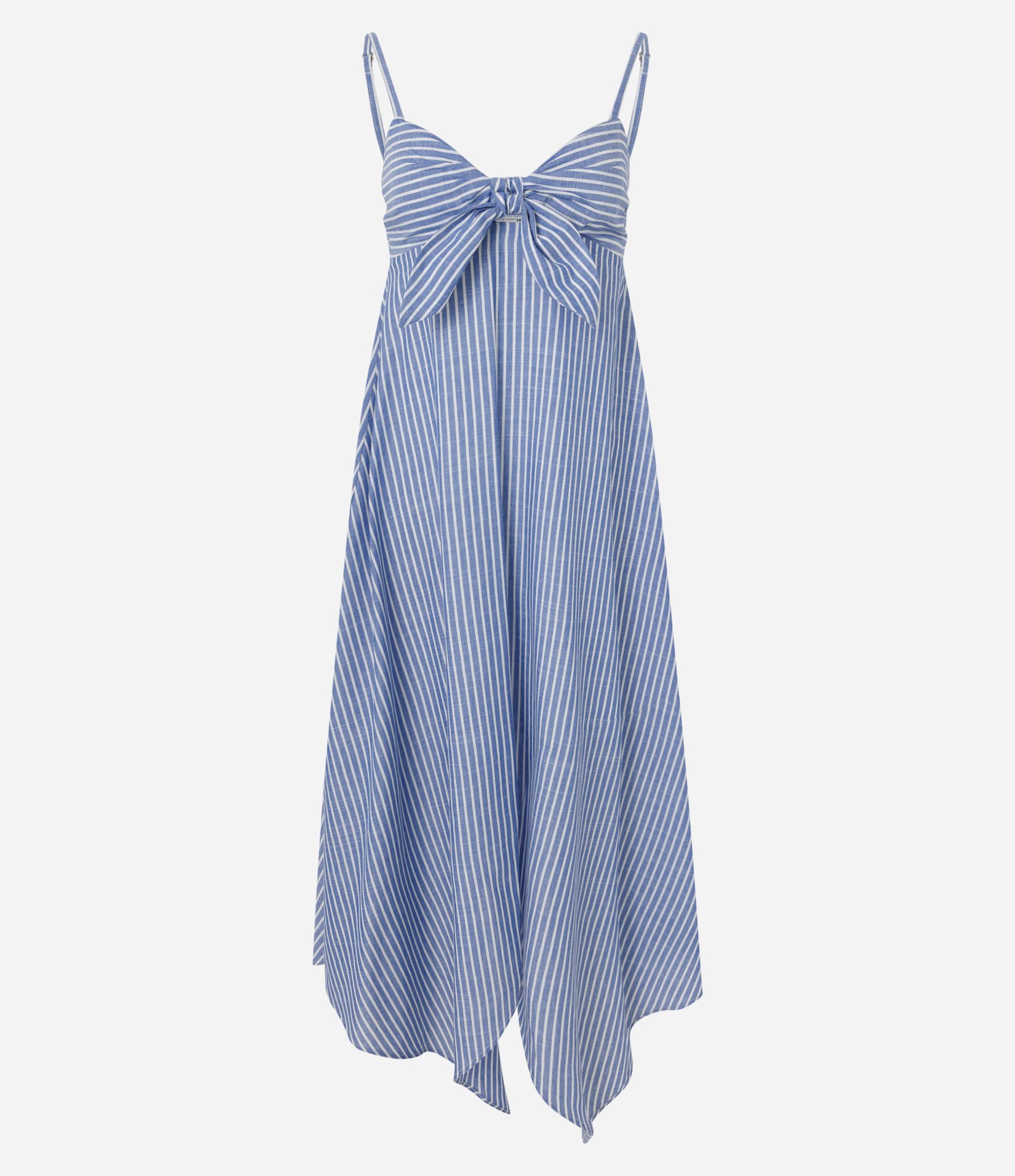 Vestido Long Midi Listrado com Decote Coração e Laço Azul 5