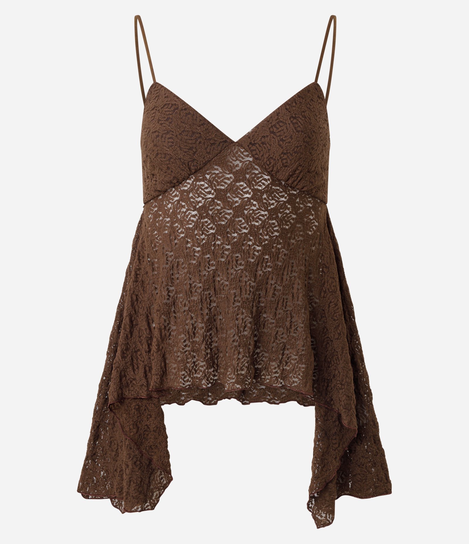 Blusa de Alcinha em Renda com Barra Assimétrica com Pontas Marrom 5