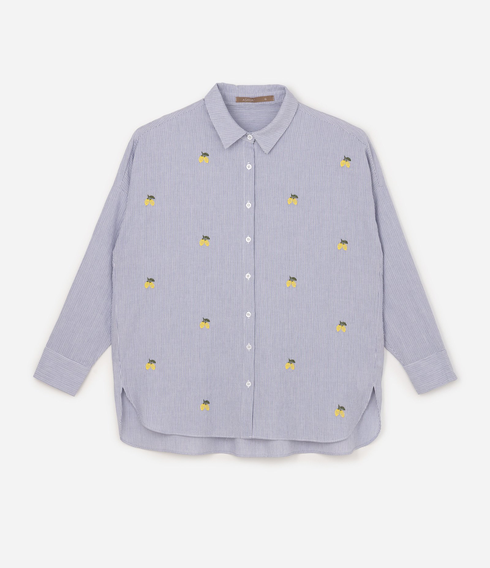 Camisa Alongada de Algodão Listrada com Bordado Limão Curve & Plus Size Azul 5