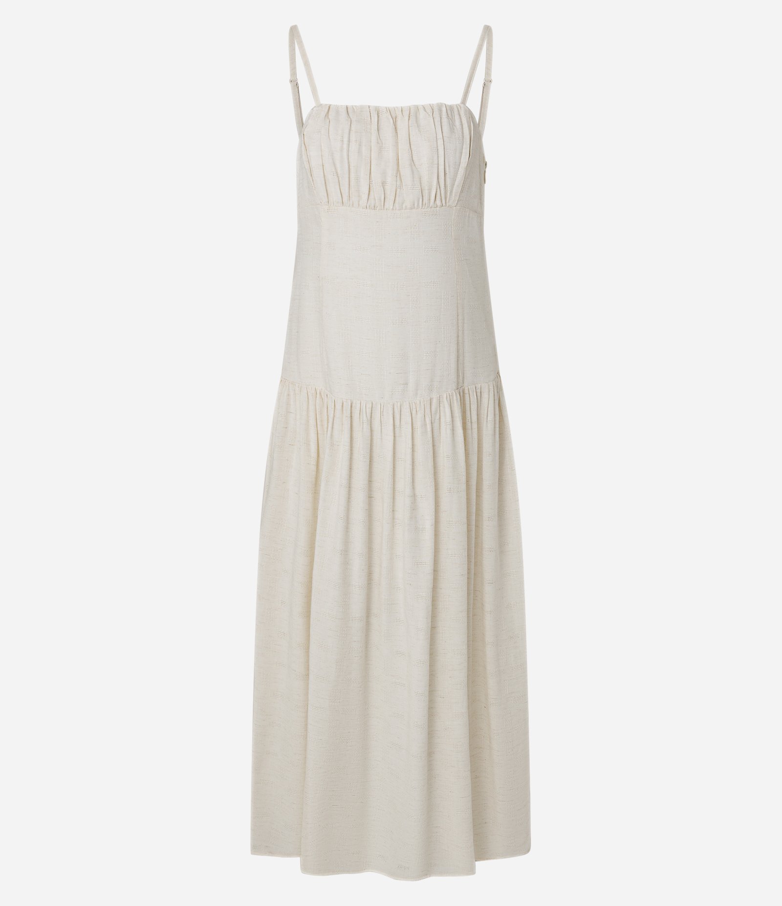 Vestido em Viscolinho com Busto Franzido e Saia Fluida Bege 1