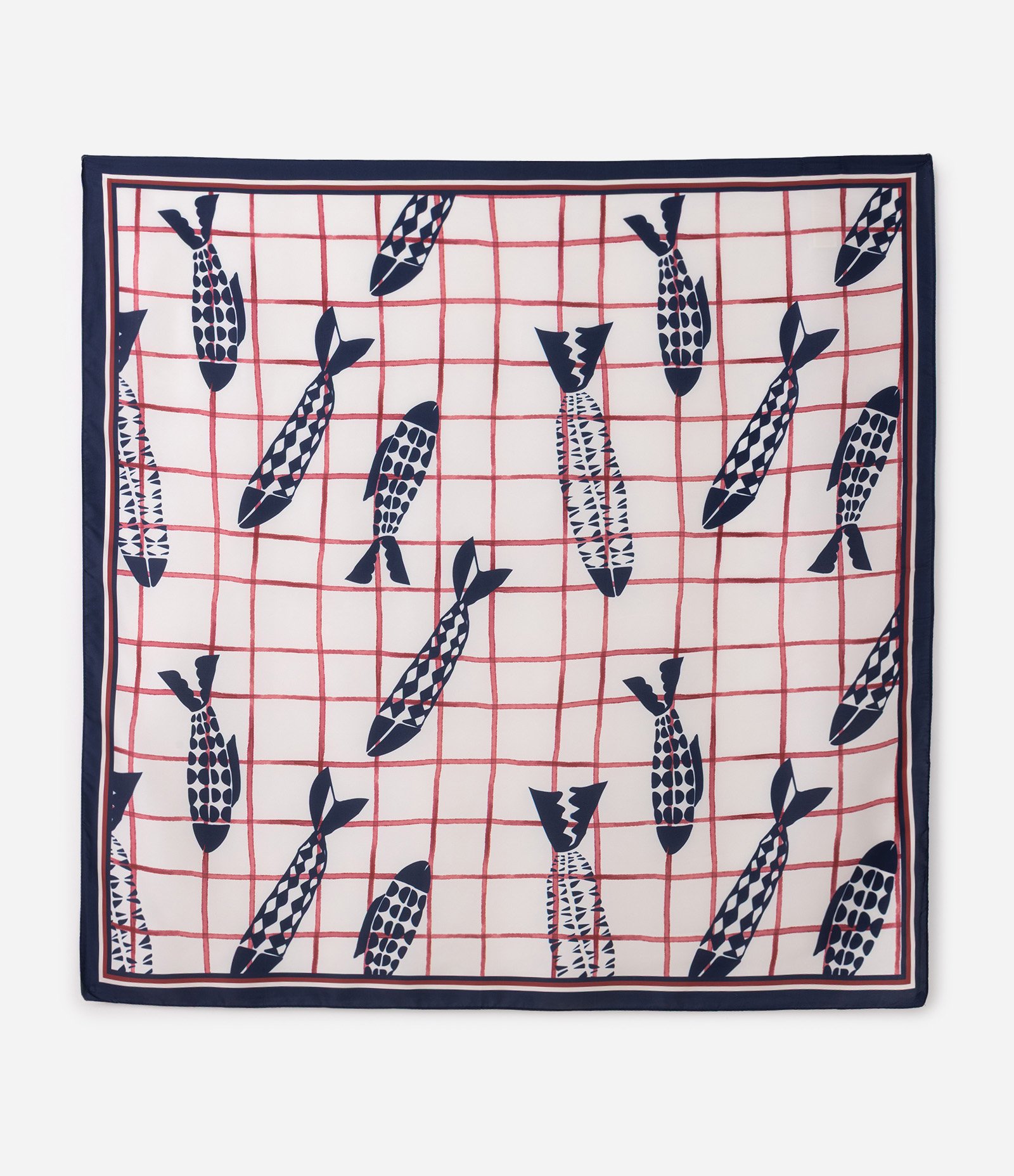 Lenço Quadrado em Cetim com Estampa de Peixes Azul/Vermelho 1