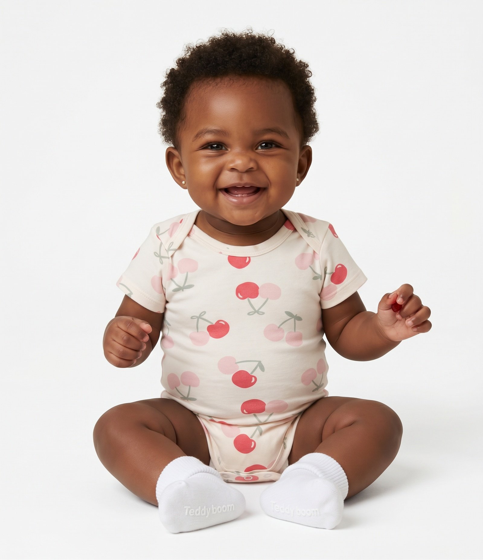 Body Bebê em Cotton Estampa de Cerejas com Gola Americana - Tam 0 a 18 Meses Bege 1