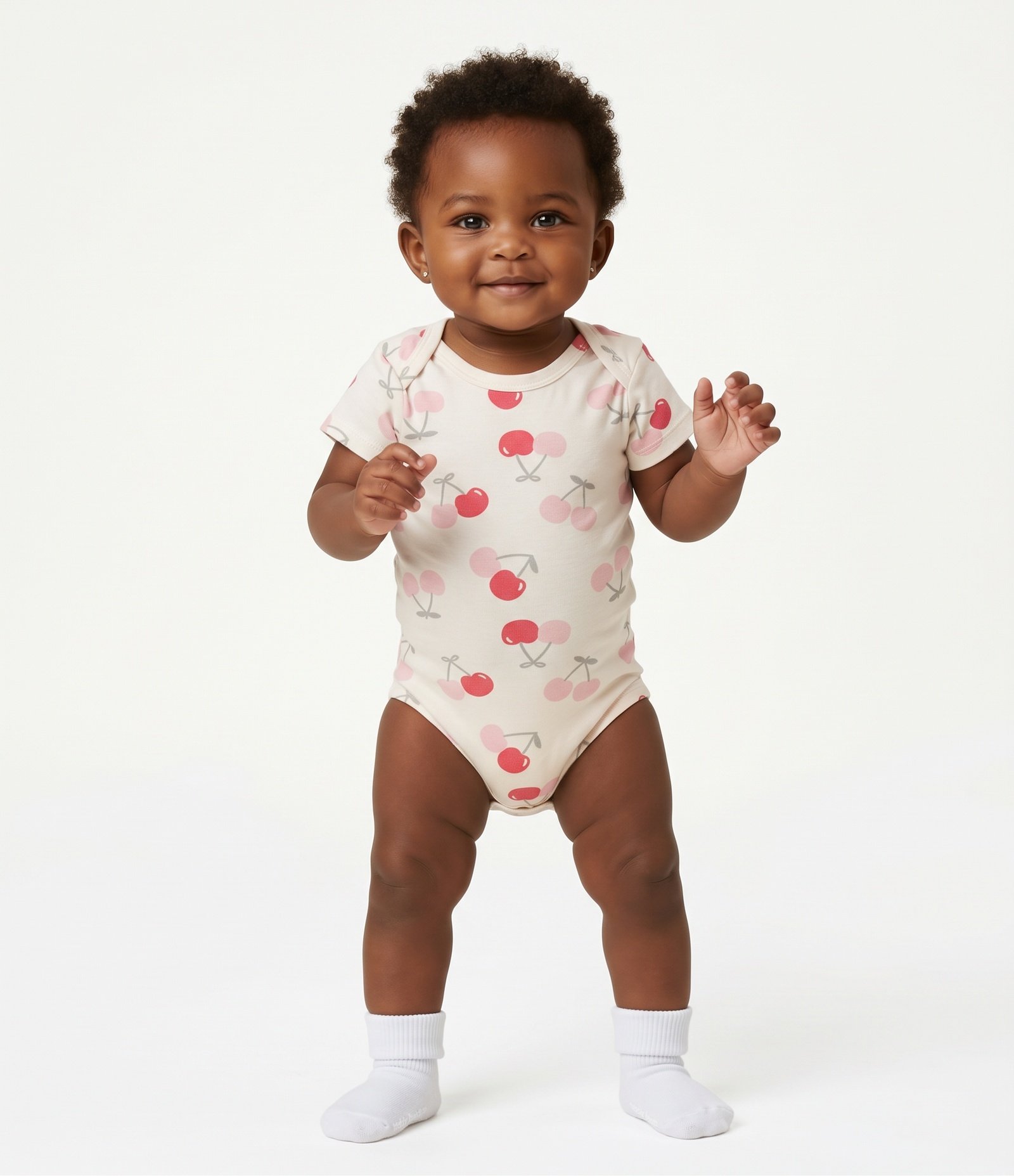 Body Bebê em Cotton Estampa de Cerejas com Gola Americana - Tam 0 a 18 Meses Bege 2
