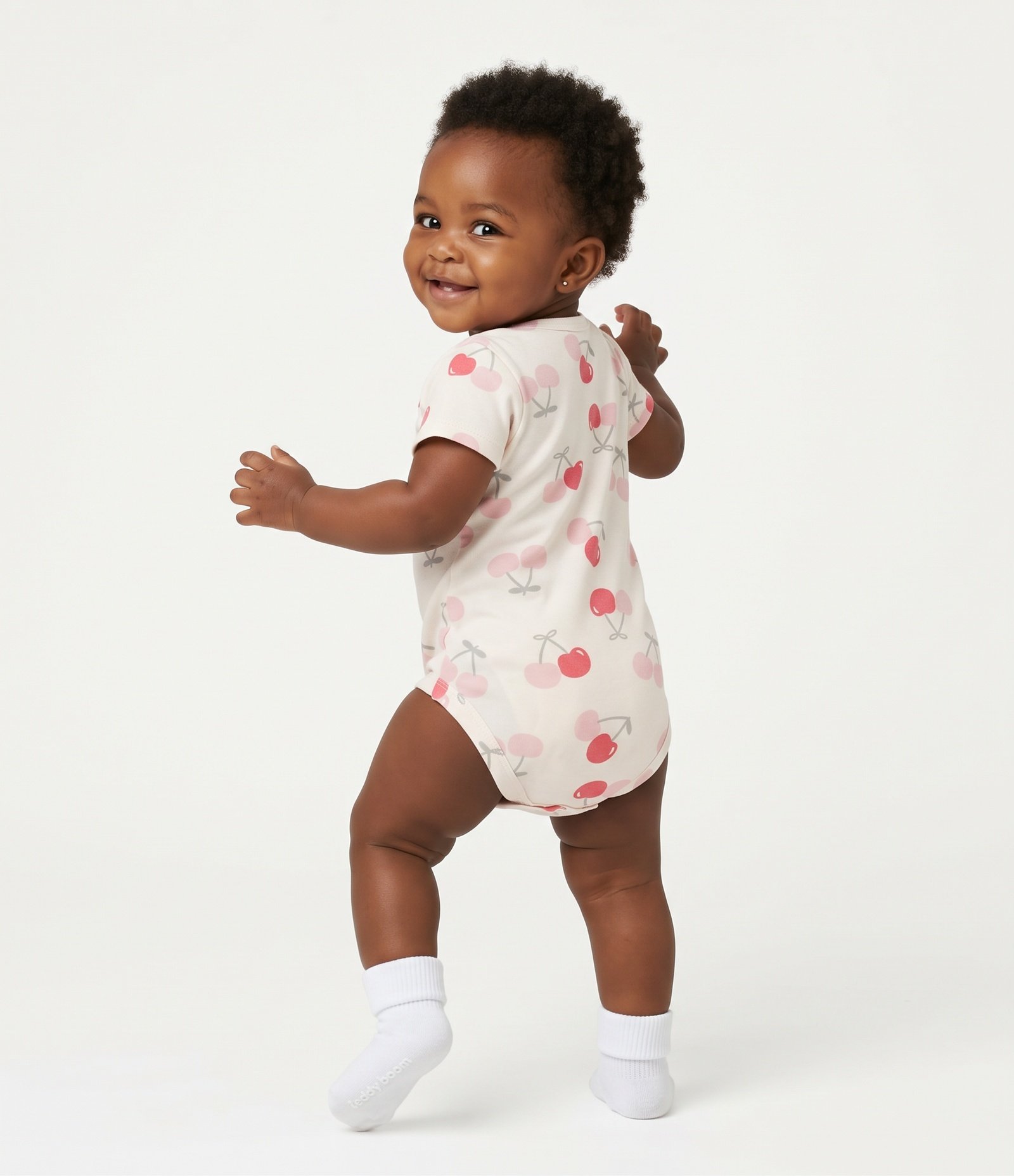 Body Bebê em Cotton Estampa de Cerejas com Gola Americana - Tam 0 a 18 Meses Bege 3