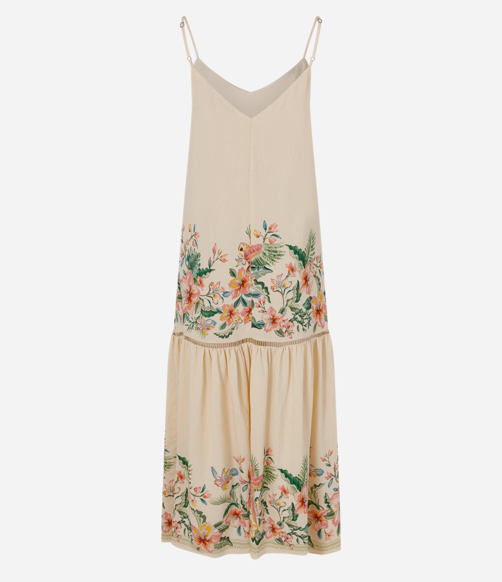 Vestido Longo em Tricoline com Estampa Floral e Renda Bege 1