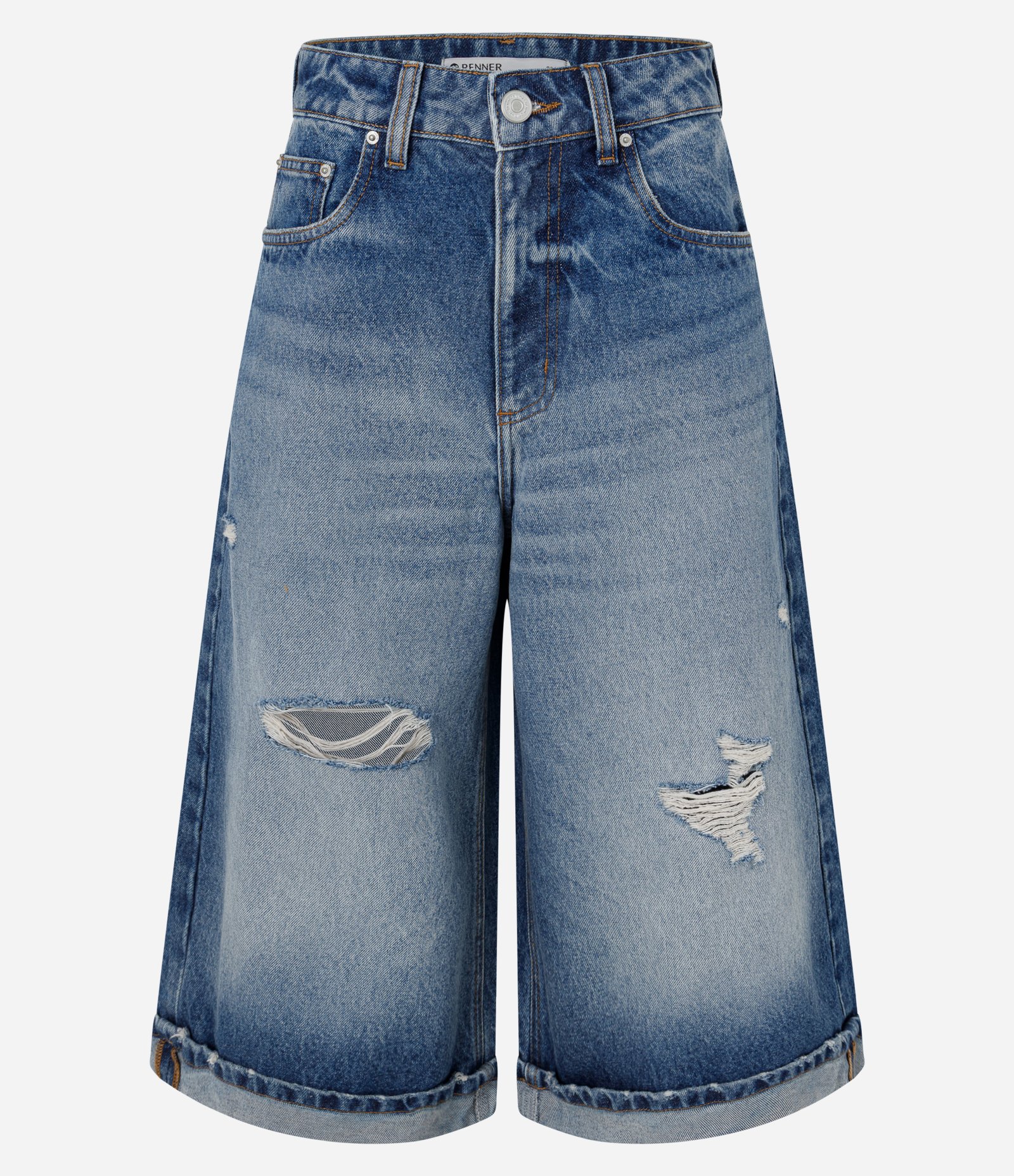 Bermuda Jorts Jeans Destroyed com Barra Dobrada Azul 1