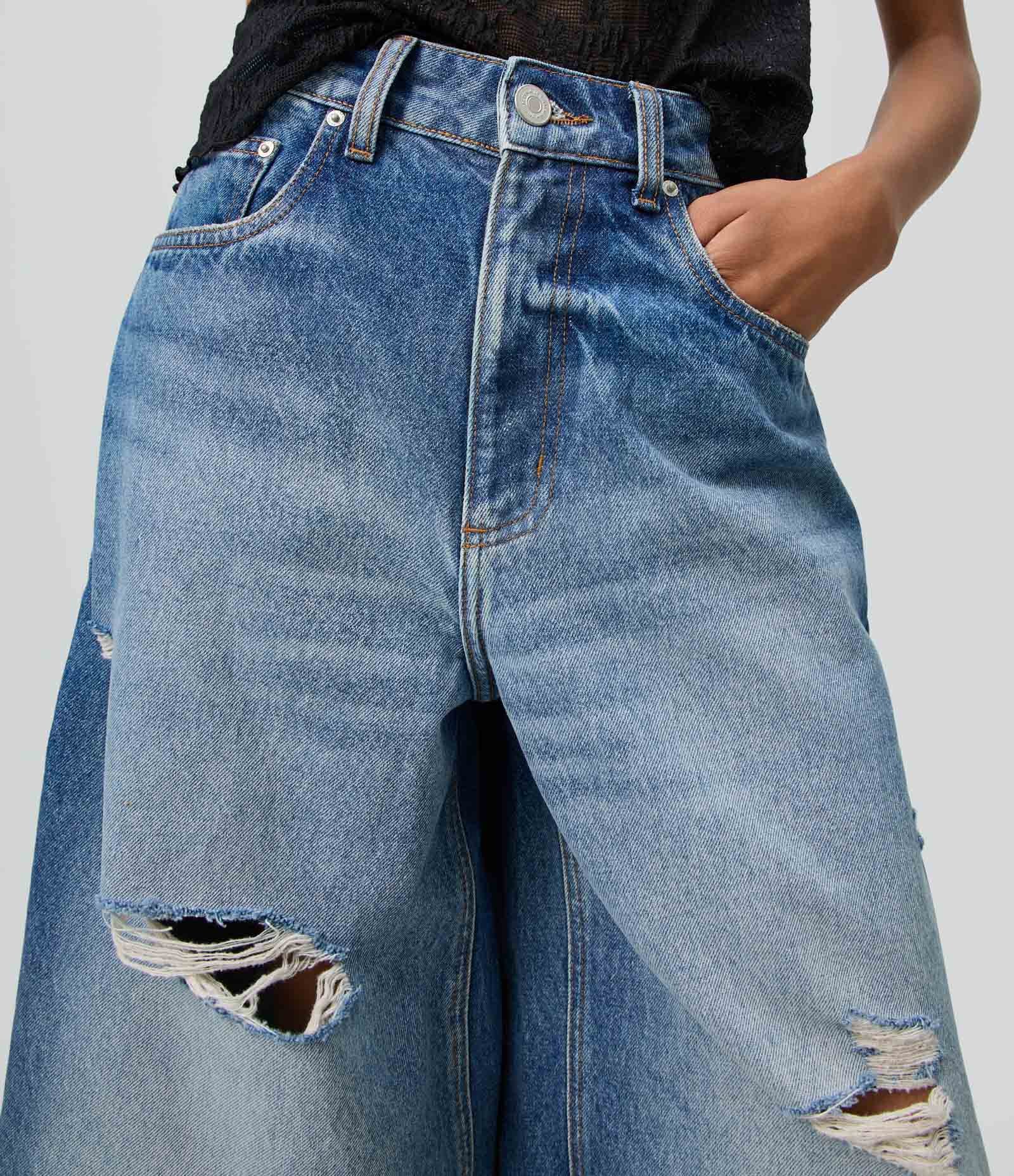 Bermuda Jorts Jeans Destroyed com Barra Dobrada Azul 4