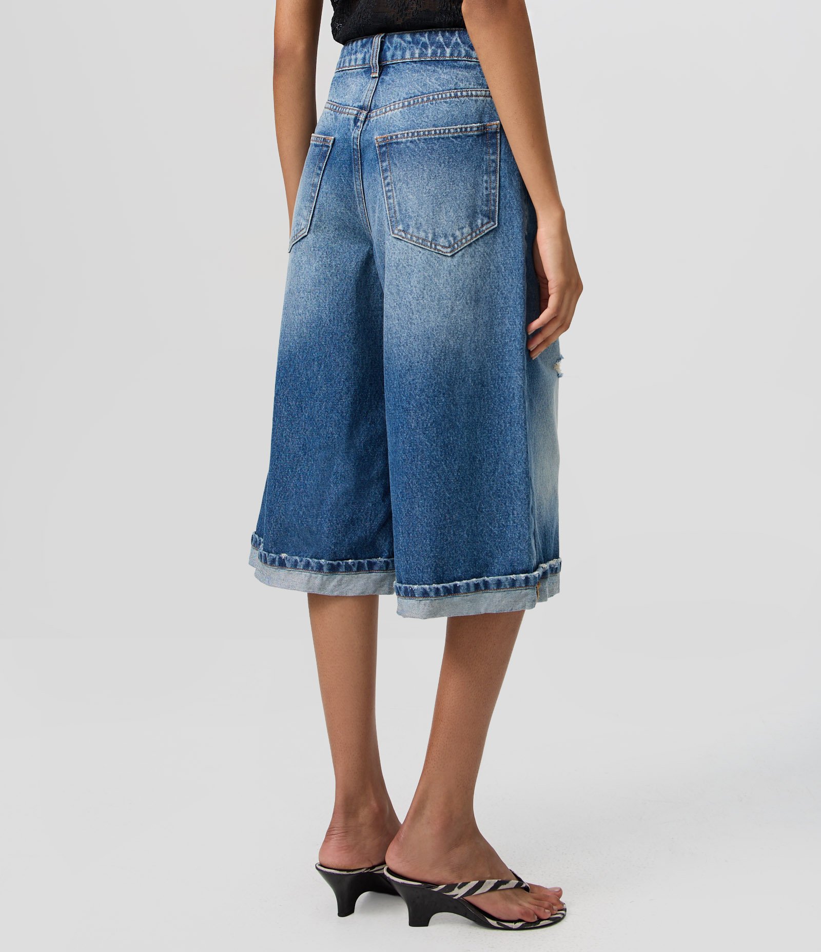 Bermuda Jorts Jeans Destroyed com Barra Dobrada Azul 5