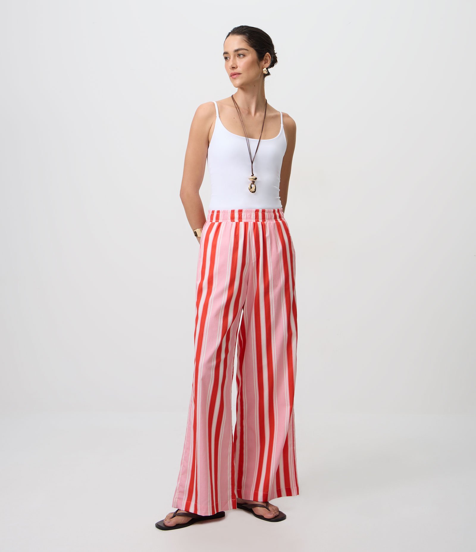Calça em Tricoline Listrada com Cintura Alta Vermelho 1